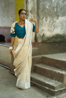 Handwoven Off-White Tussar Saree With Kantha Work