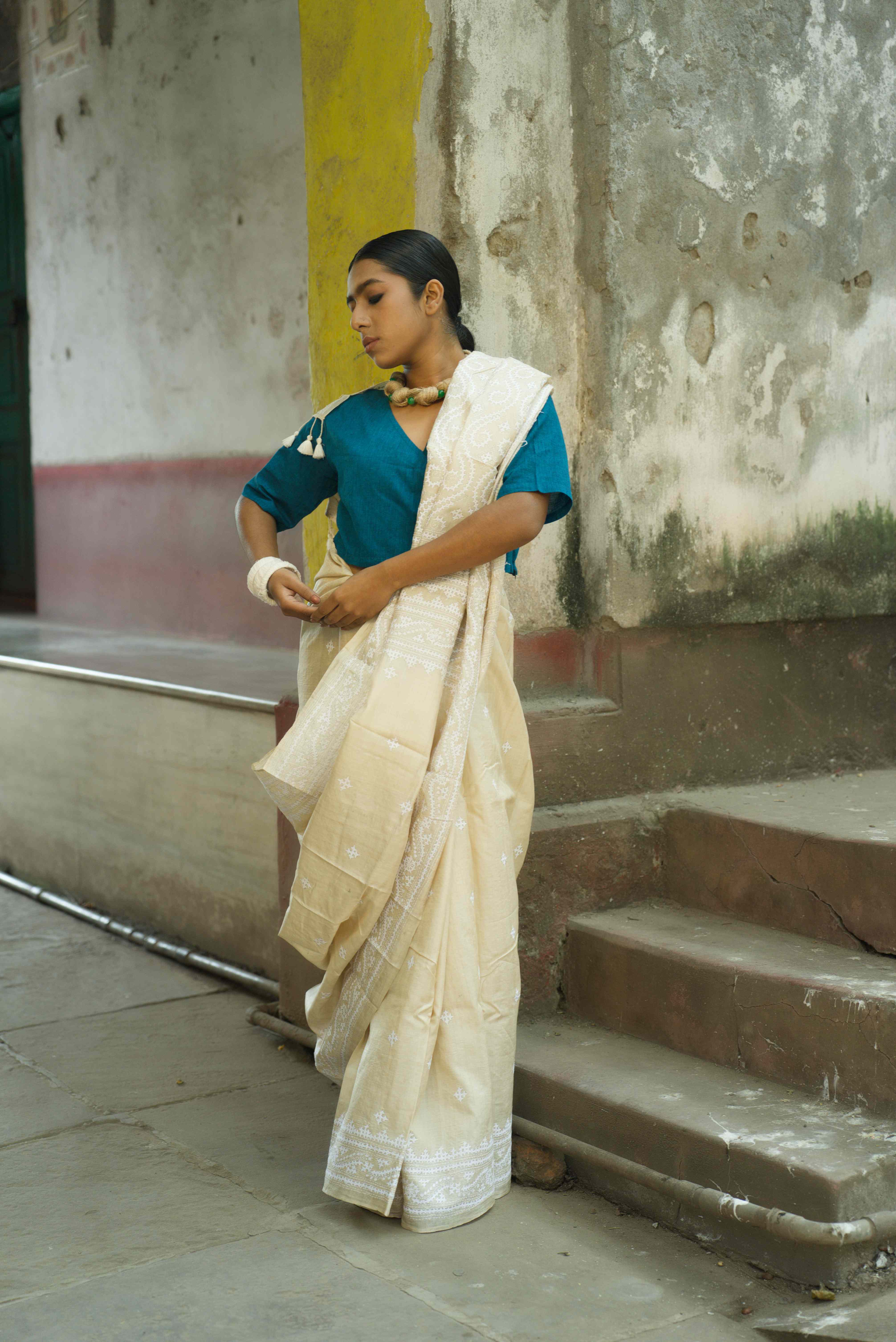 Handwoven Off-White Tussar Saree With Kantha Work