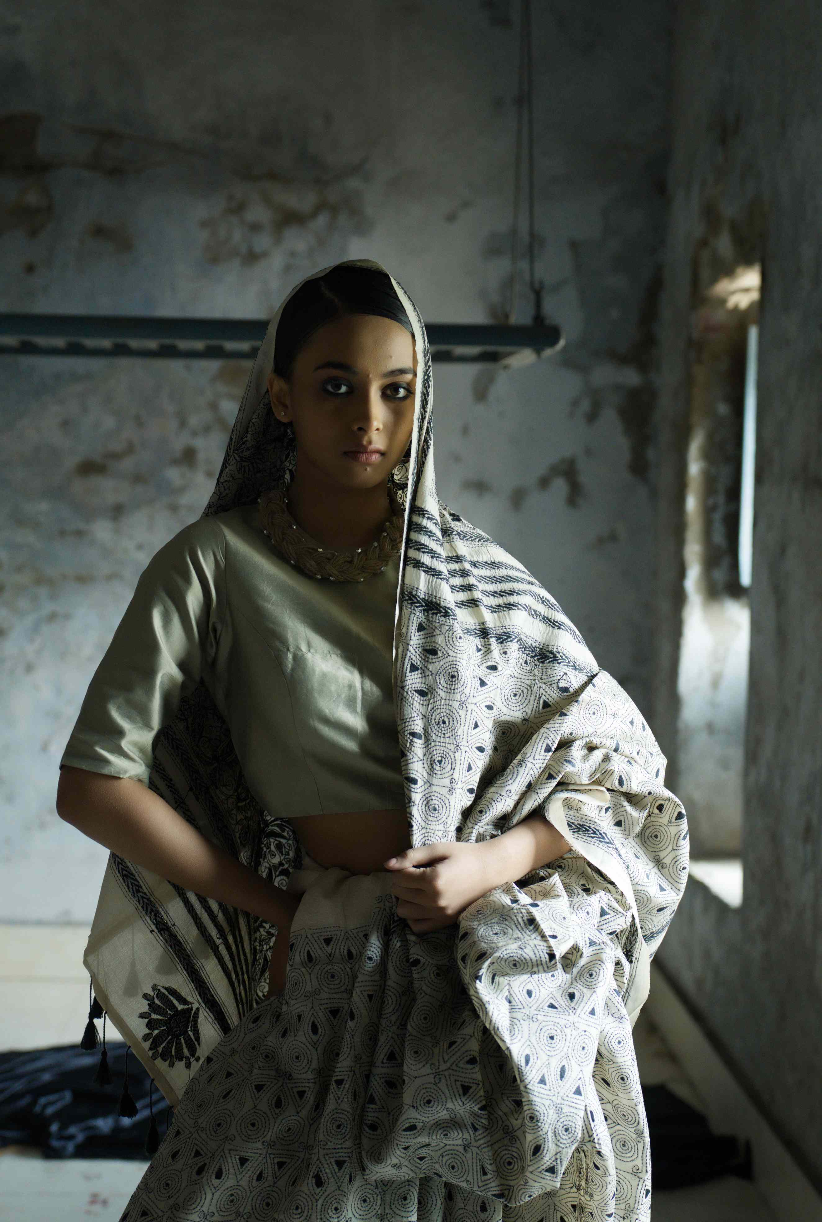 Handwoven Gachi Tussar Saree With Kantha Work
