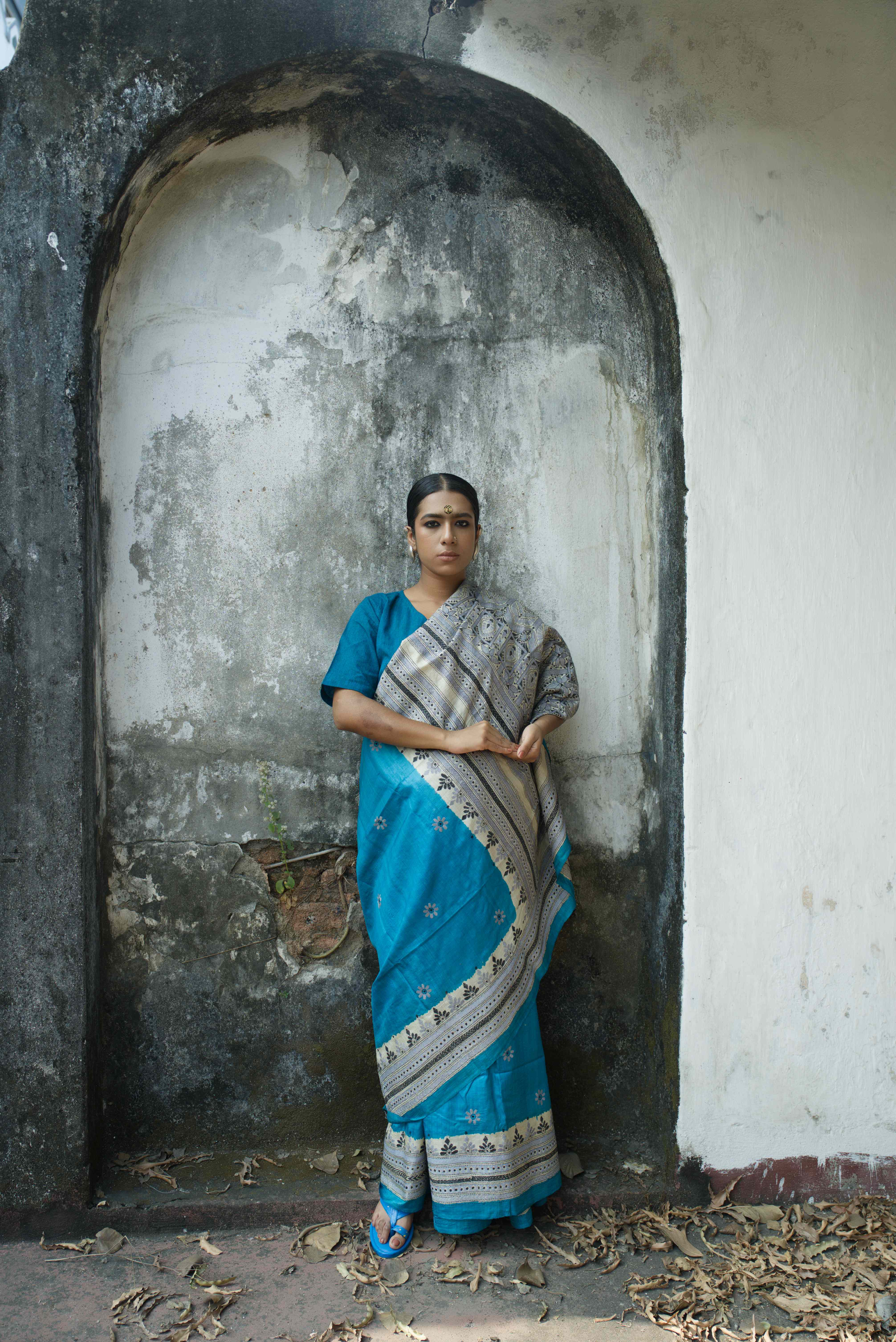Handwoven Blue Tussar saree with kantha work