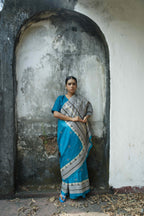 Handwoven Blue Tussar Saree With Kantha Work