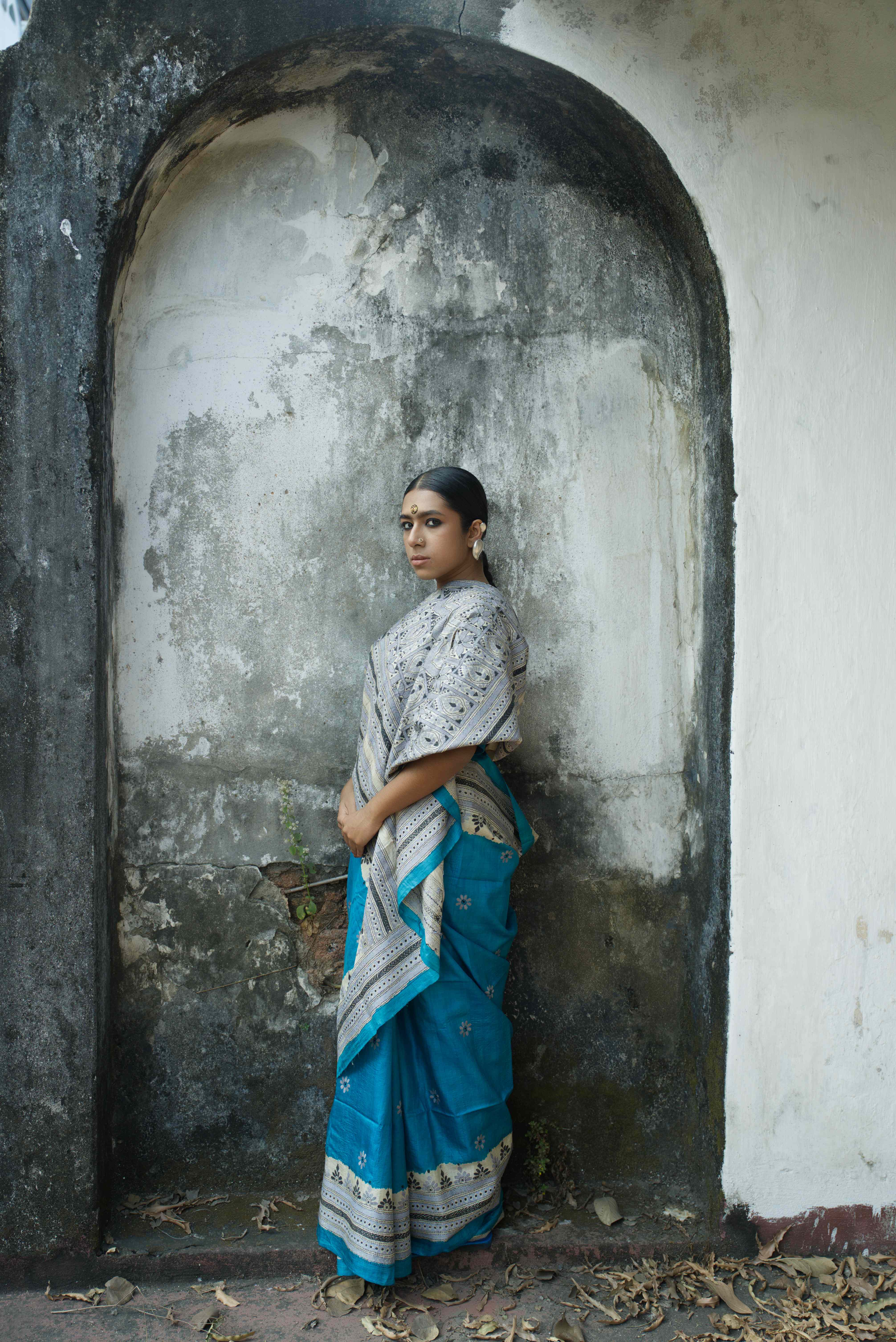 Handwoven Blue Tussar saree with kantha work