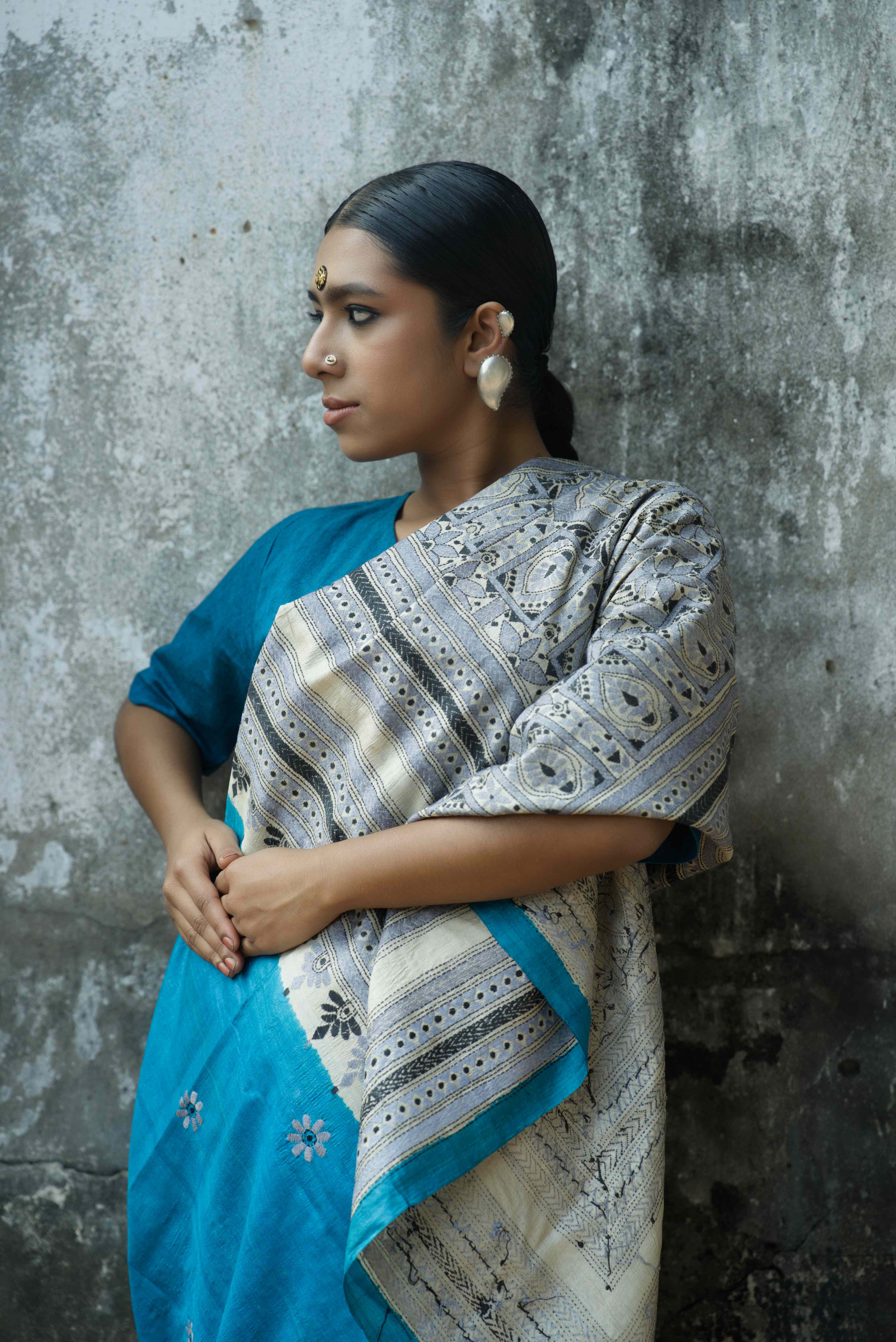 Handwoven Blue Tussar saree with kantha work