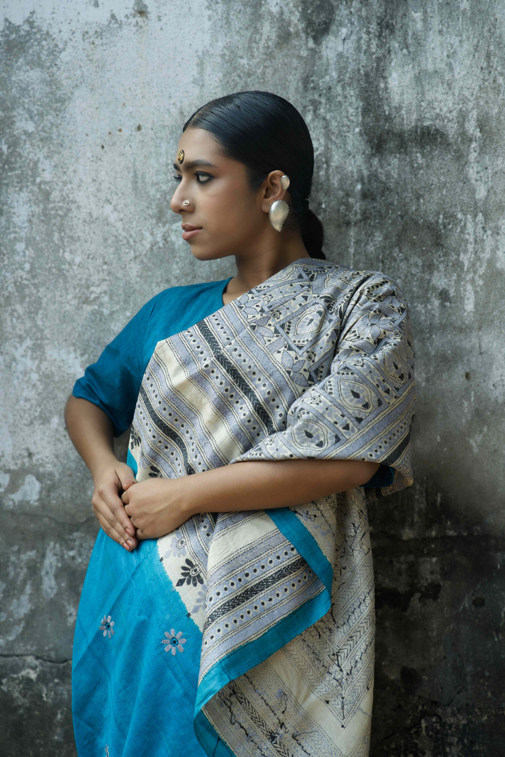 Handwoven Blue Tussar Saree With Kantha Work