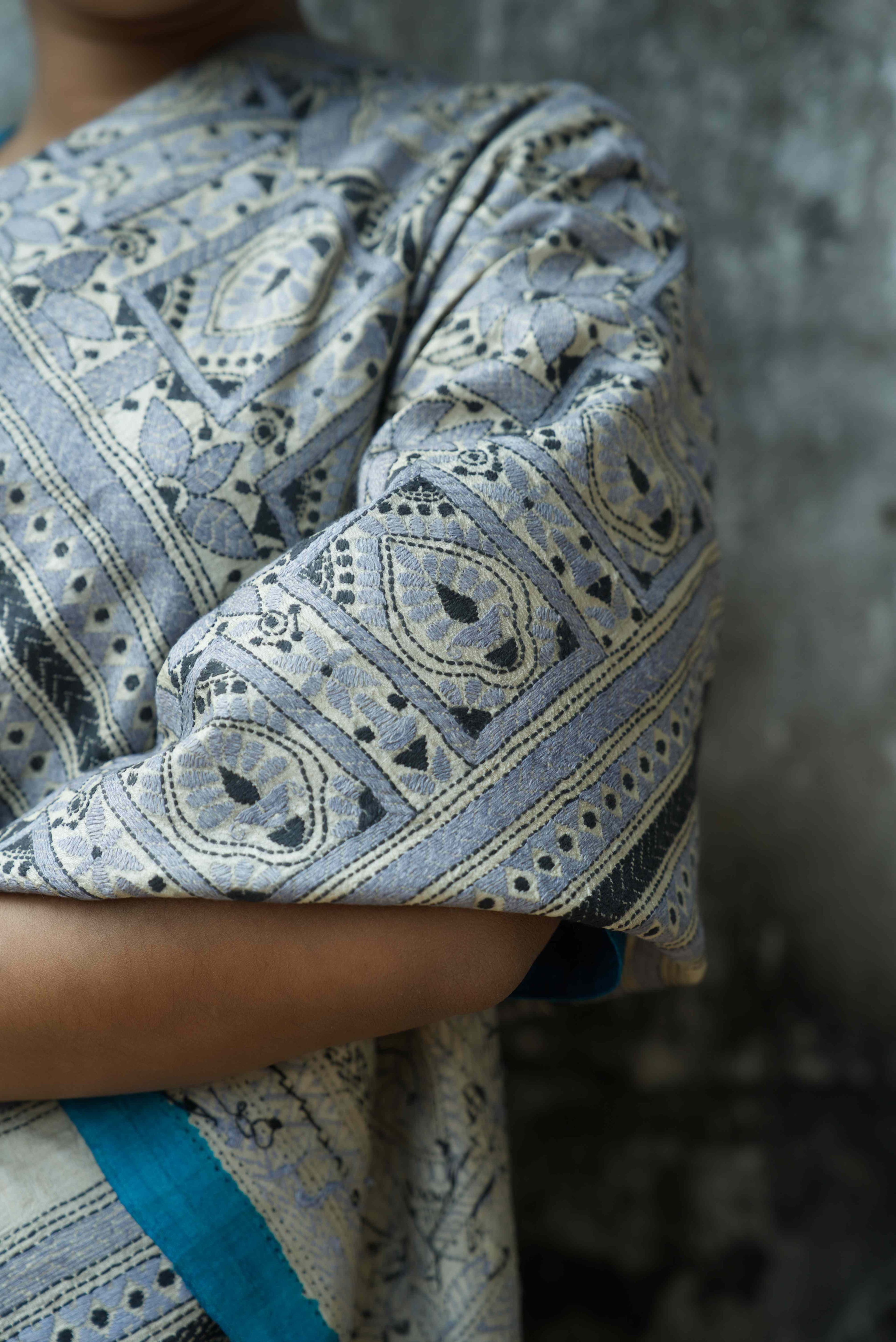 Handwoven Blue Tussar Saree With Kantha Work