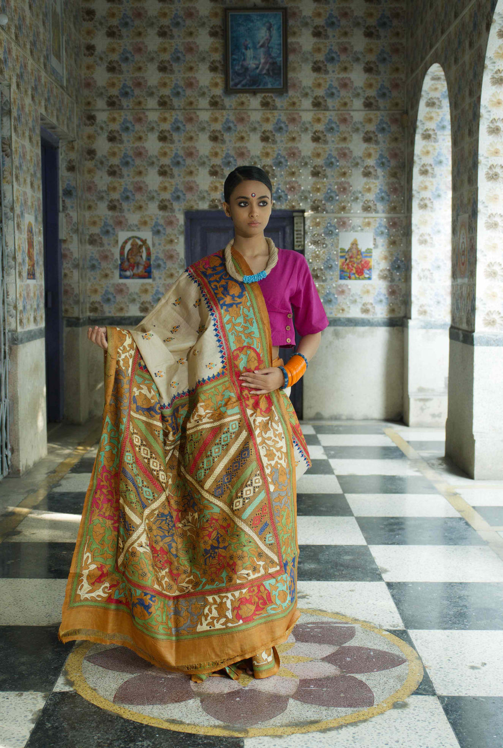 Tussar silk saree with Kantha work