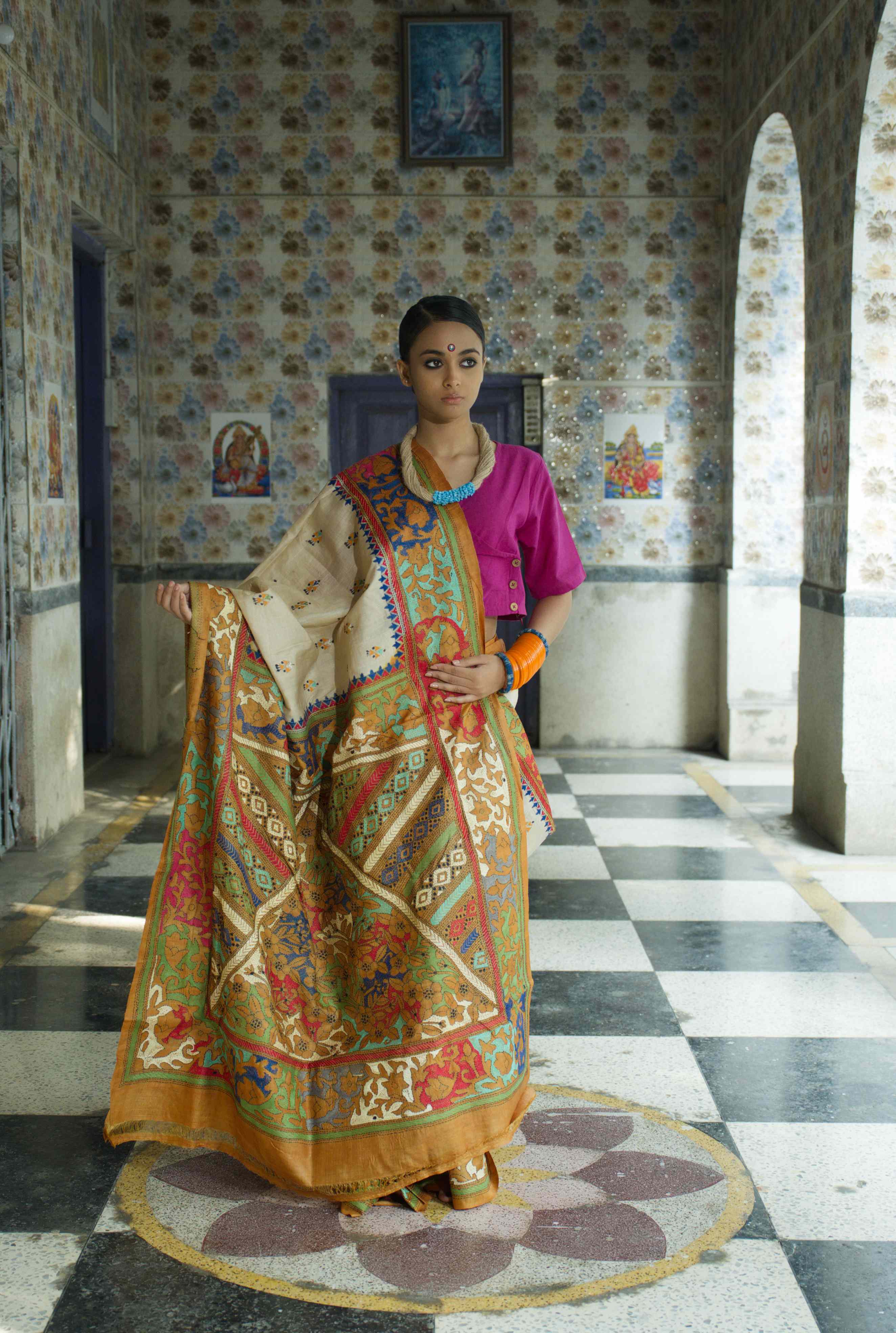 Tussar silk saree with Kantha work