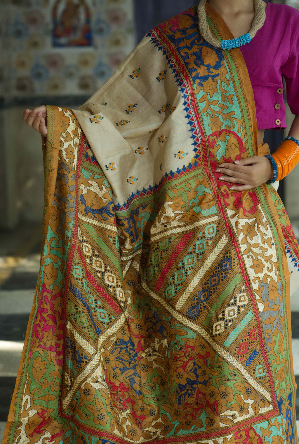 Handwoven Tussar Saree With kantha Work