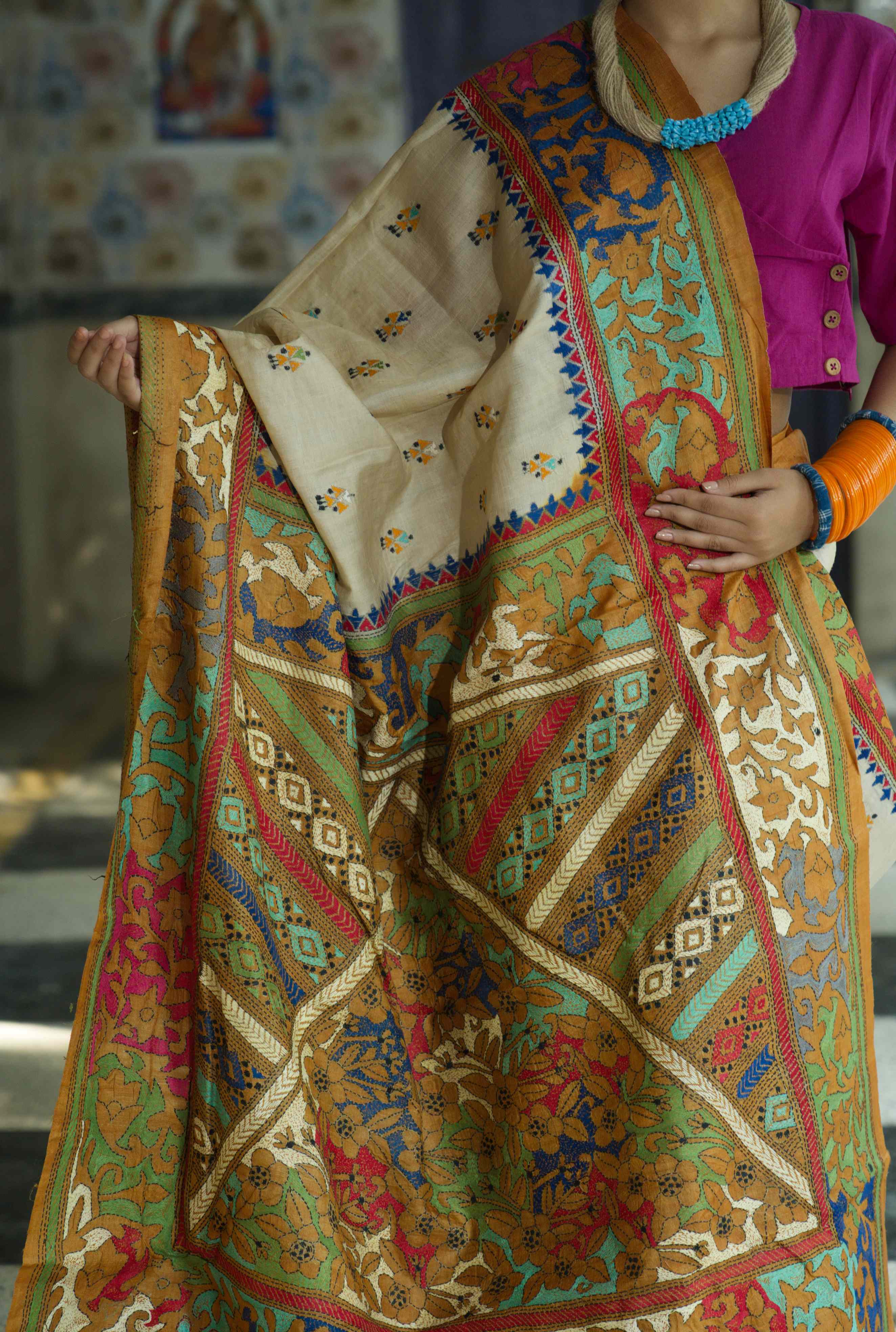 Handwoven Tussar Saree With kantha Work