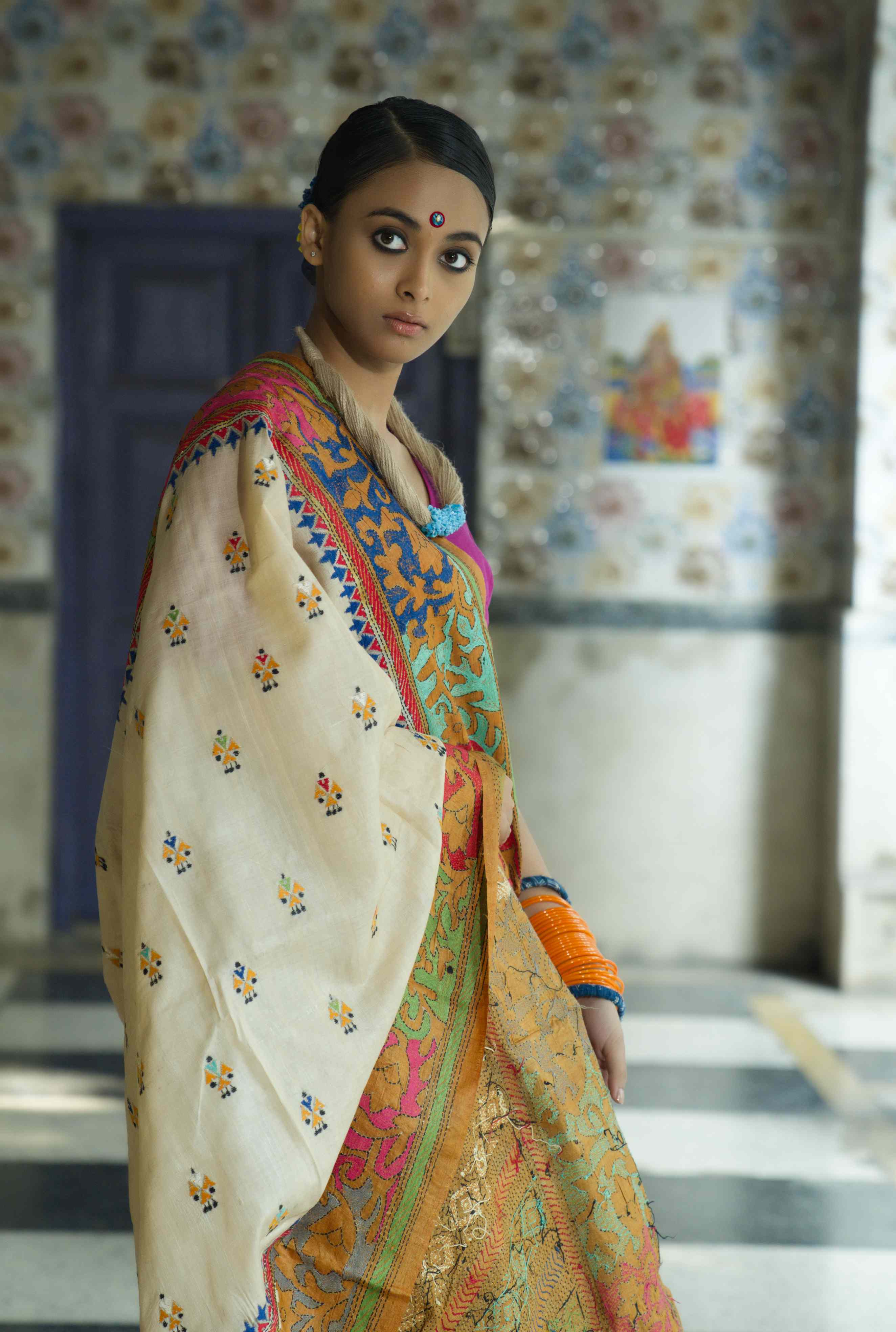 Handwoven Tussar Saree With kantha Work