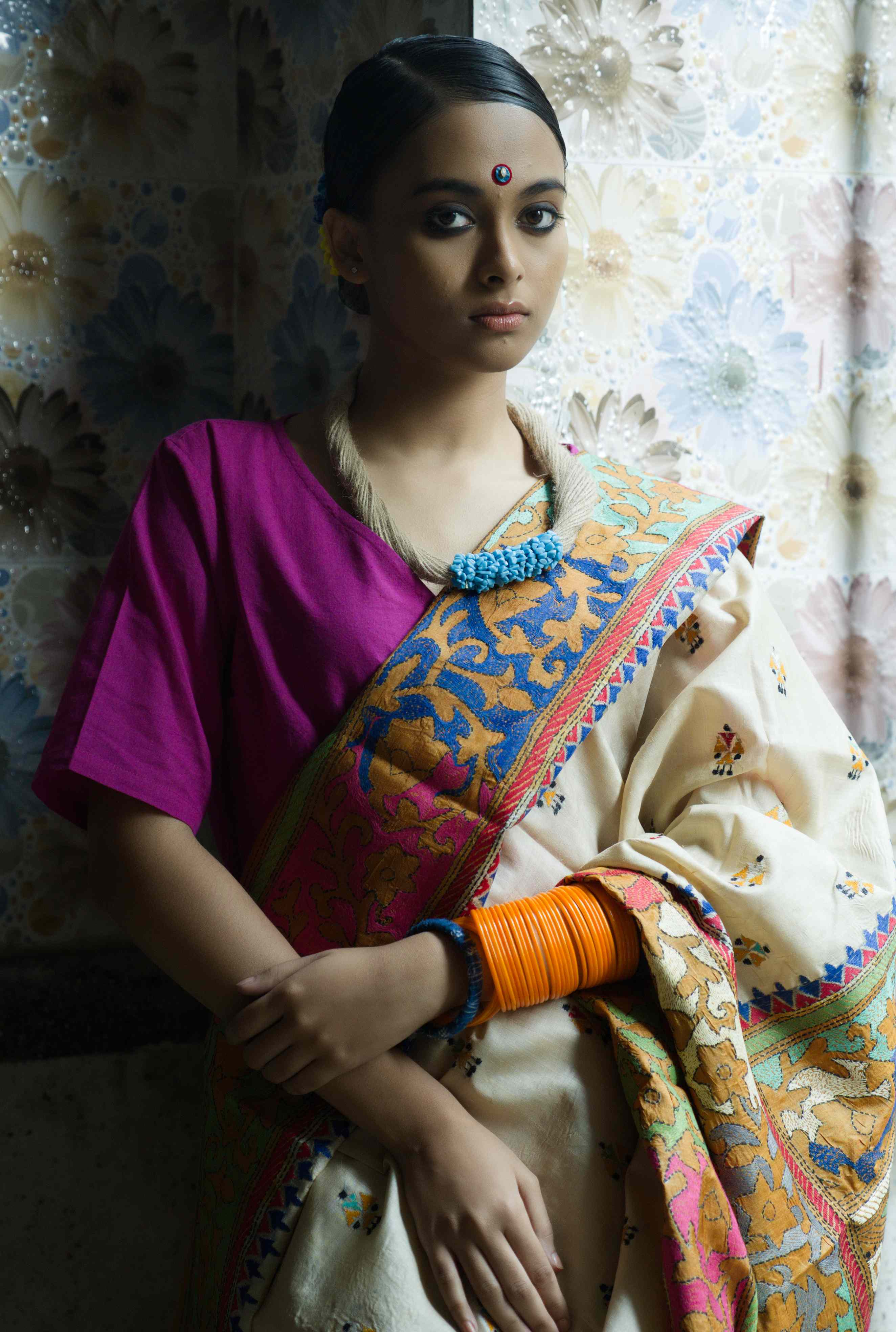 Handwoven Tussar Saree With kantha Work