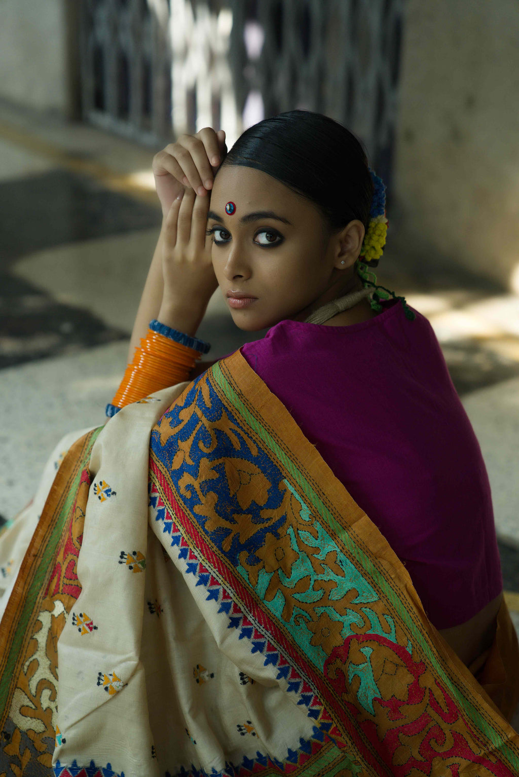 Handwoven Tussar Saree With kantha Work