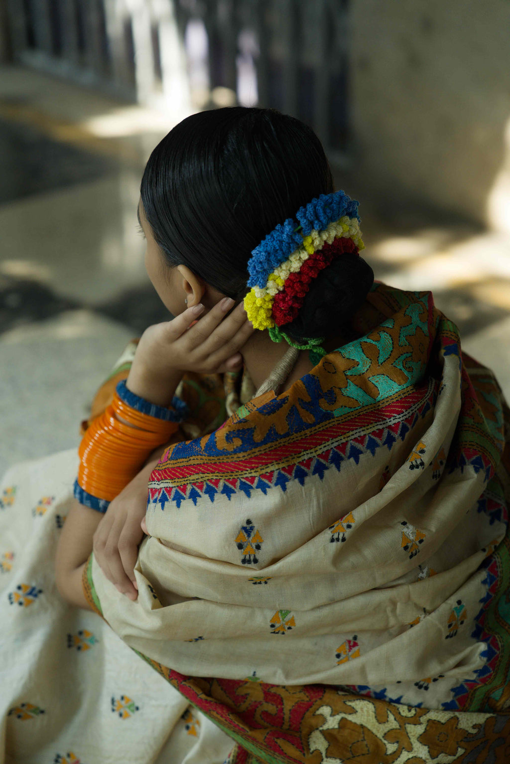 Handwoven Tussar Saree With kantha Work