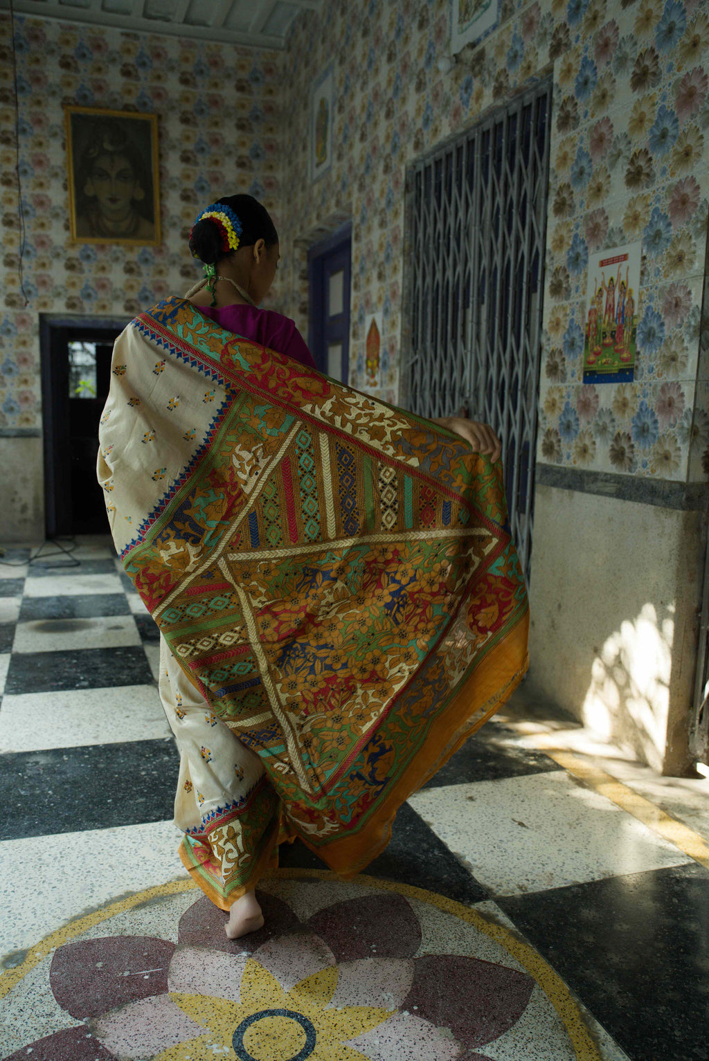 Handwoven Tussar Saree With kantha Work