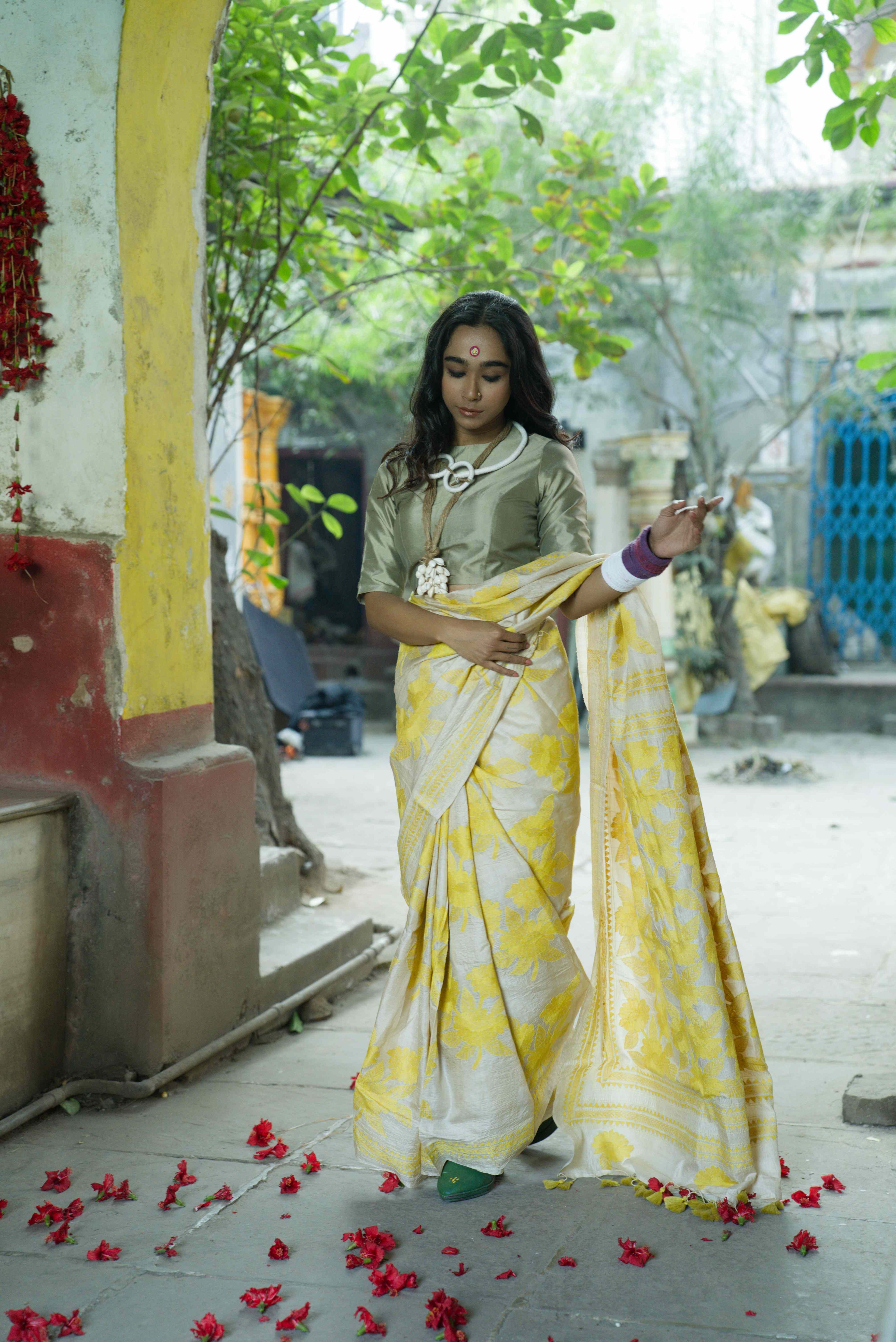 Handwoven Beige Tussar Saree With Kantha Work