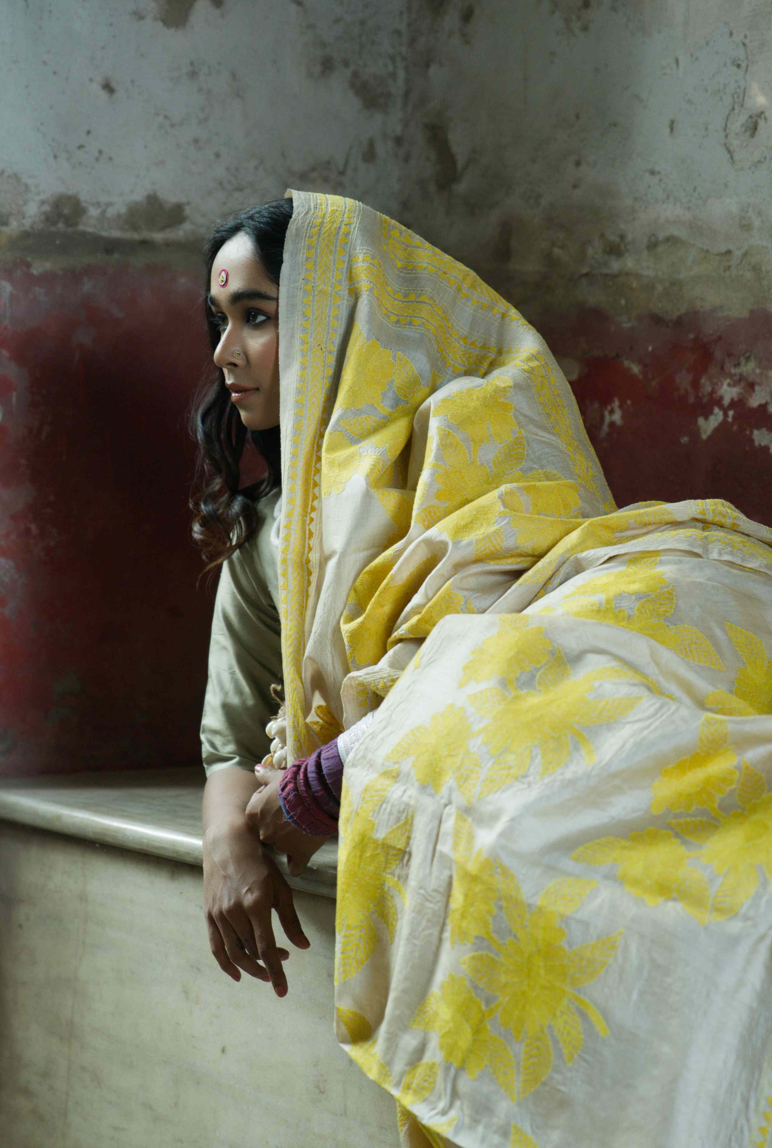 Handwoven Beige Tussar Saree with Kantha work