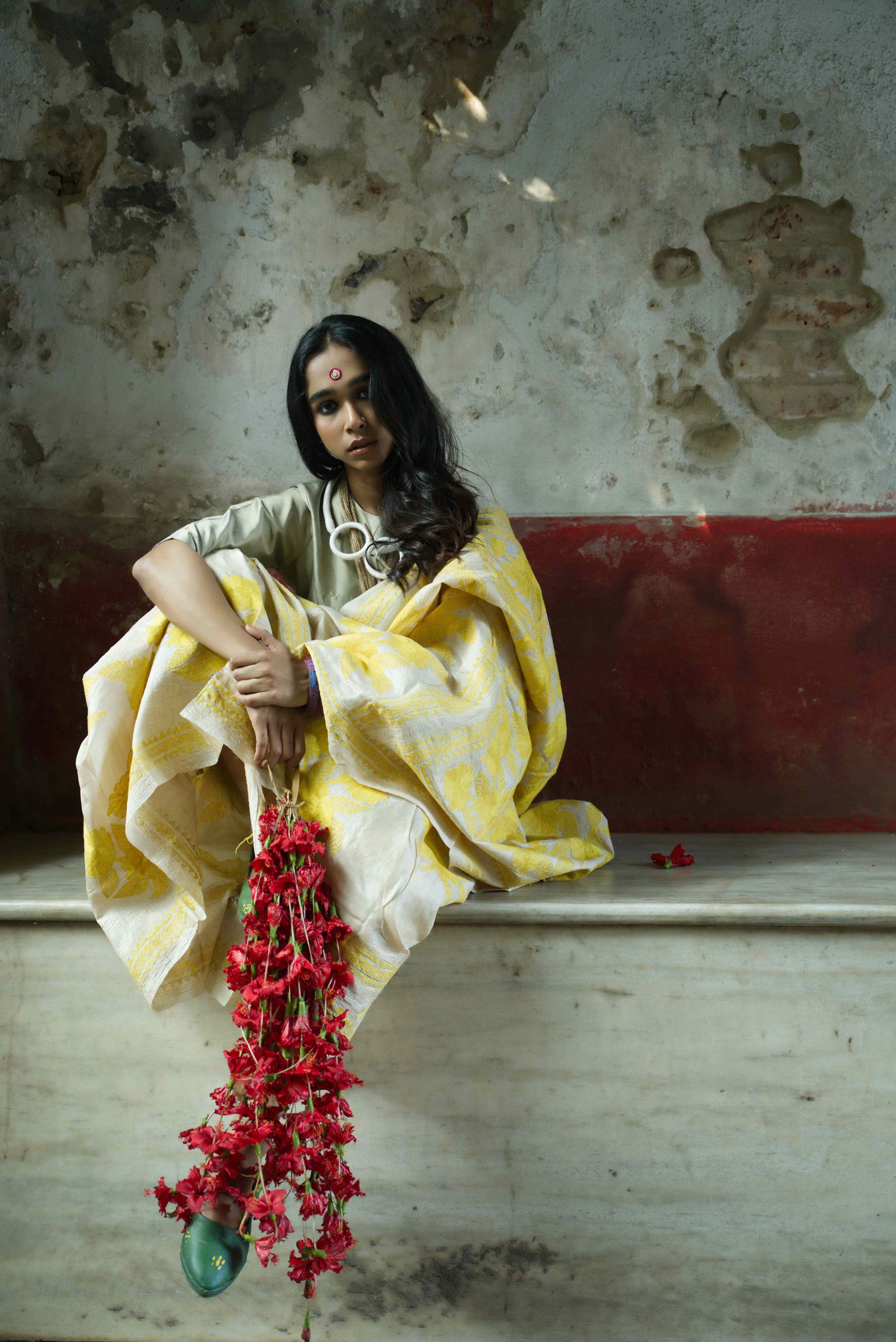Handwoven Beige Tussar Saree With Kantha Work