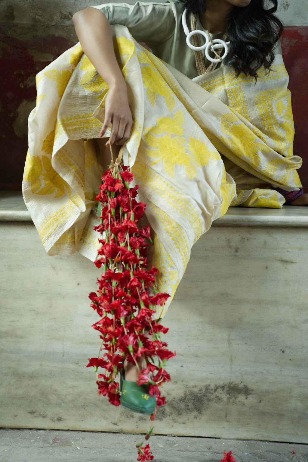 Handwoven Beige Tussar Saree With Kantha Work