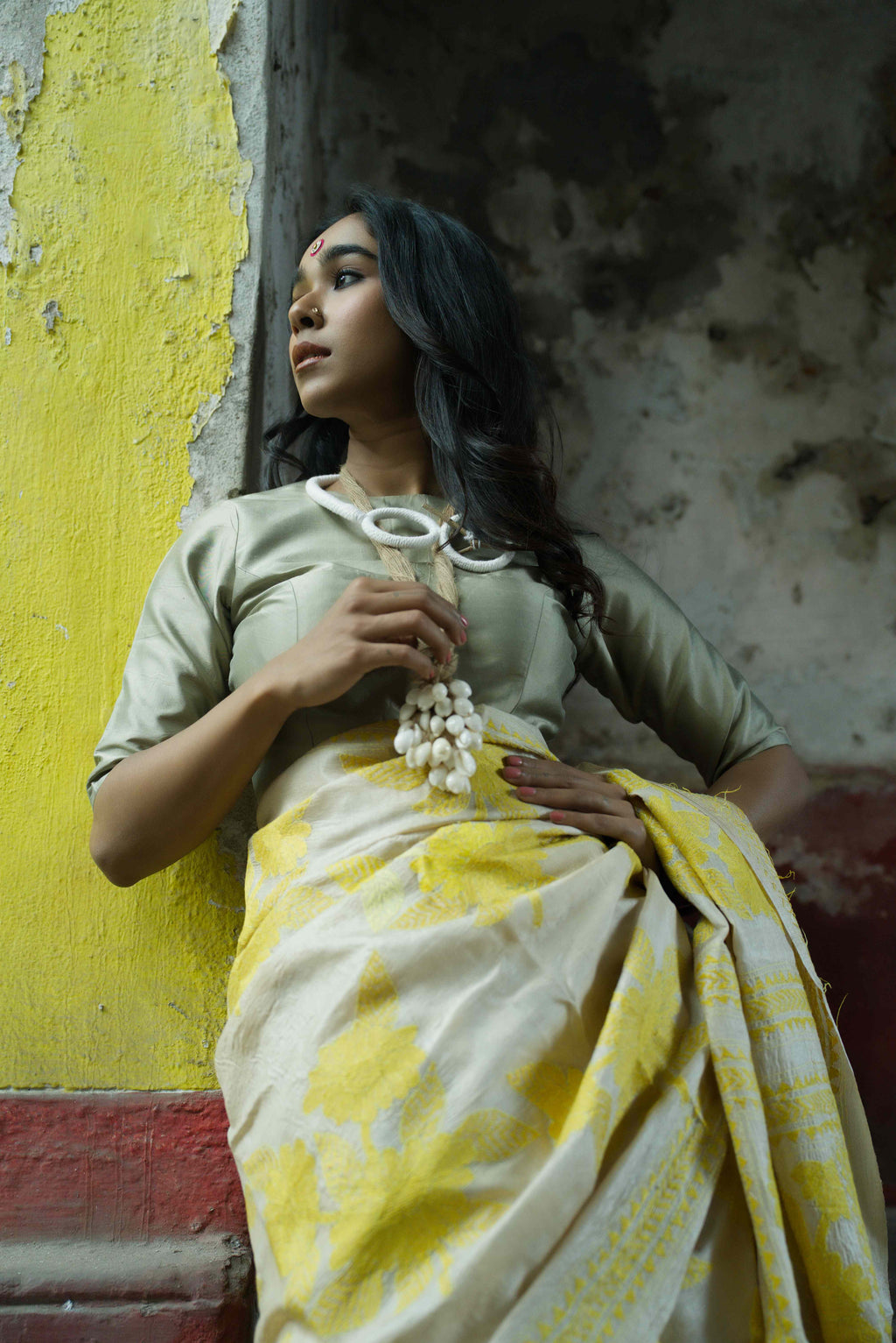 Handwoven beige yellow Tussar saree with Kantha work