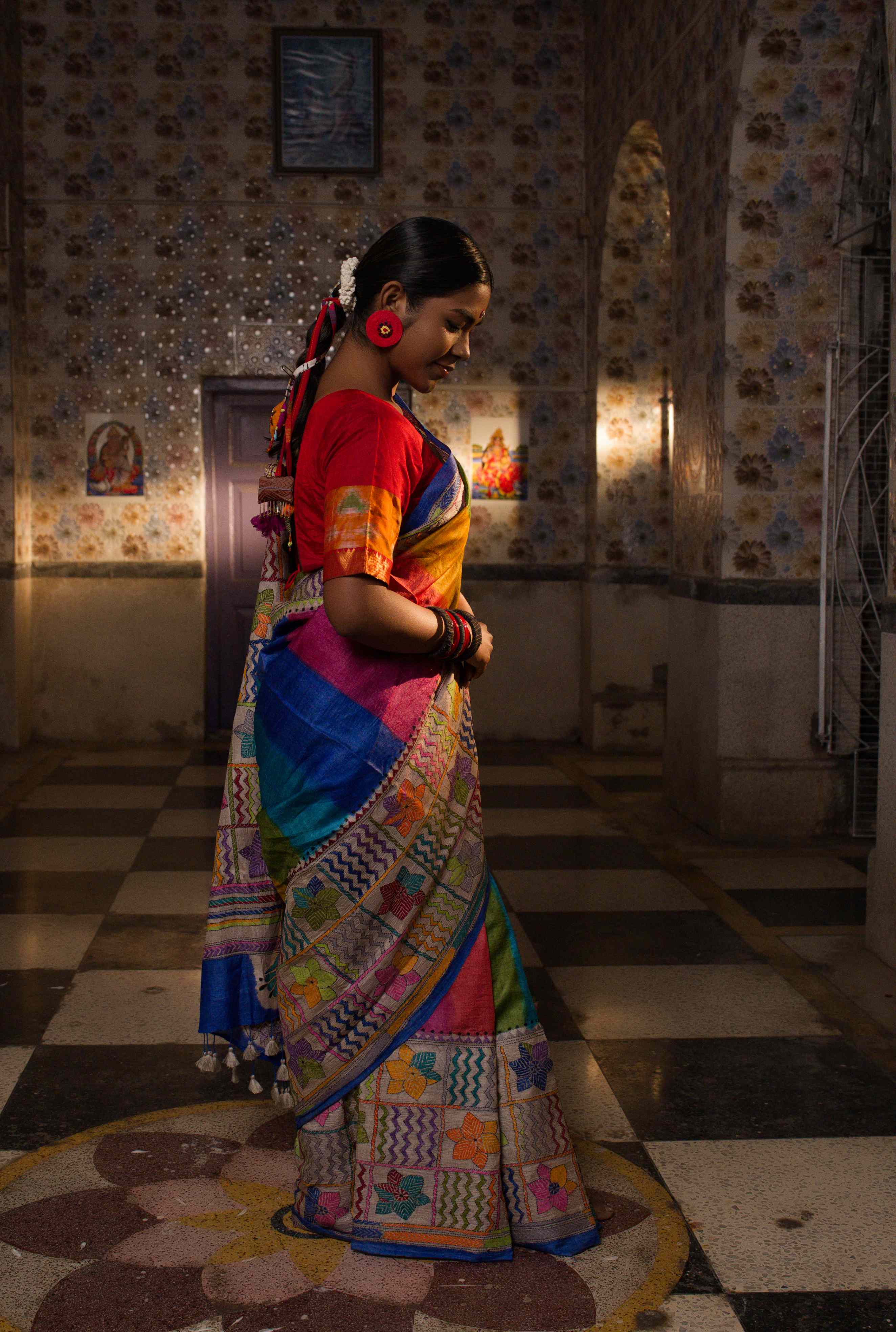 Handwoven Multicolor Tussar Saree With Kantha Work