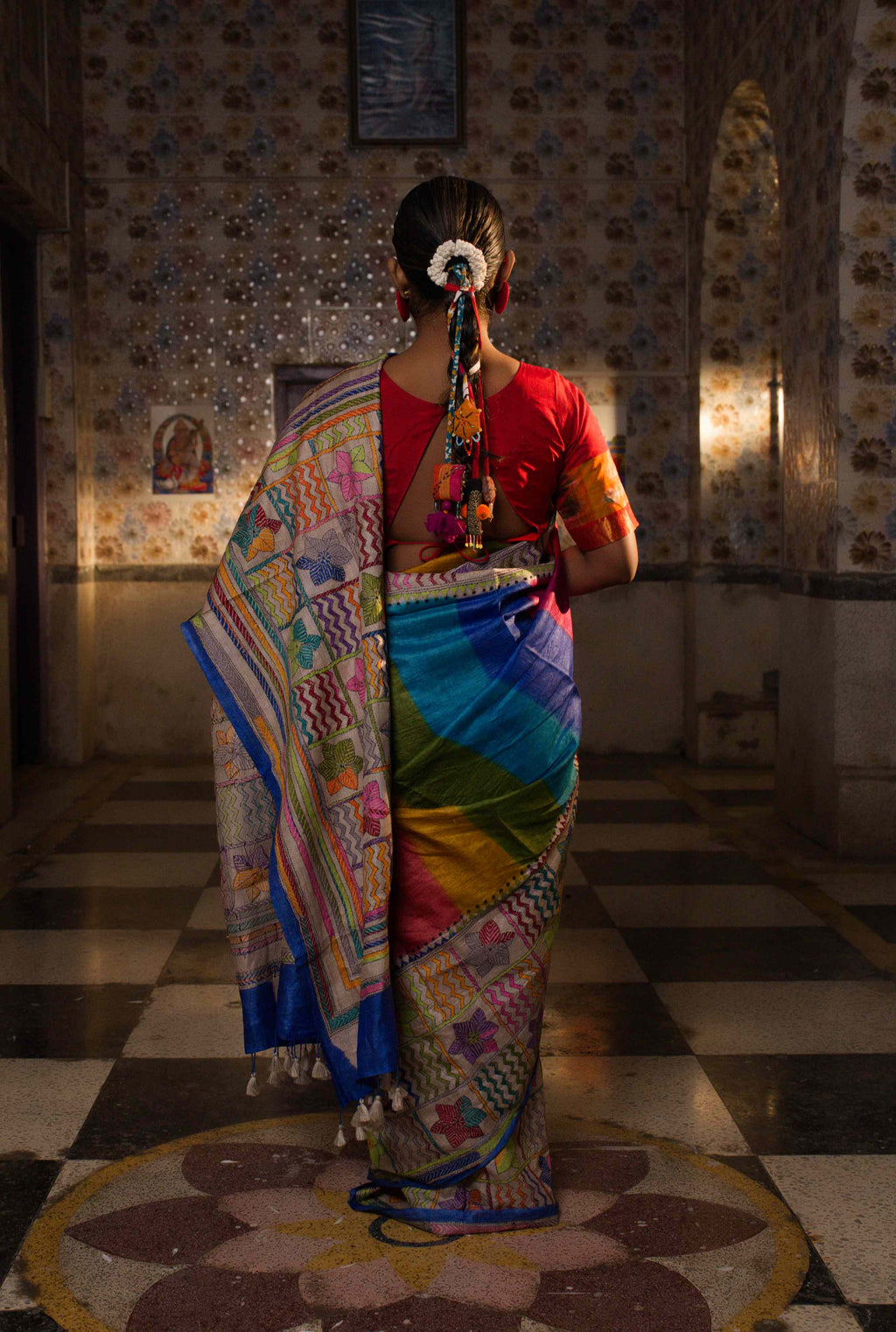 Handwoven Multicolor Tussar Saree With Kantha Work