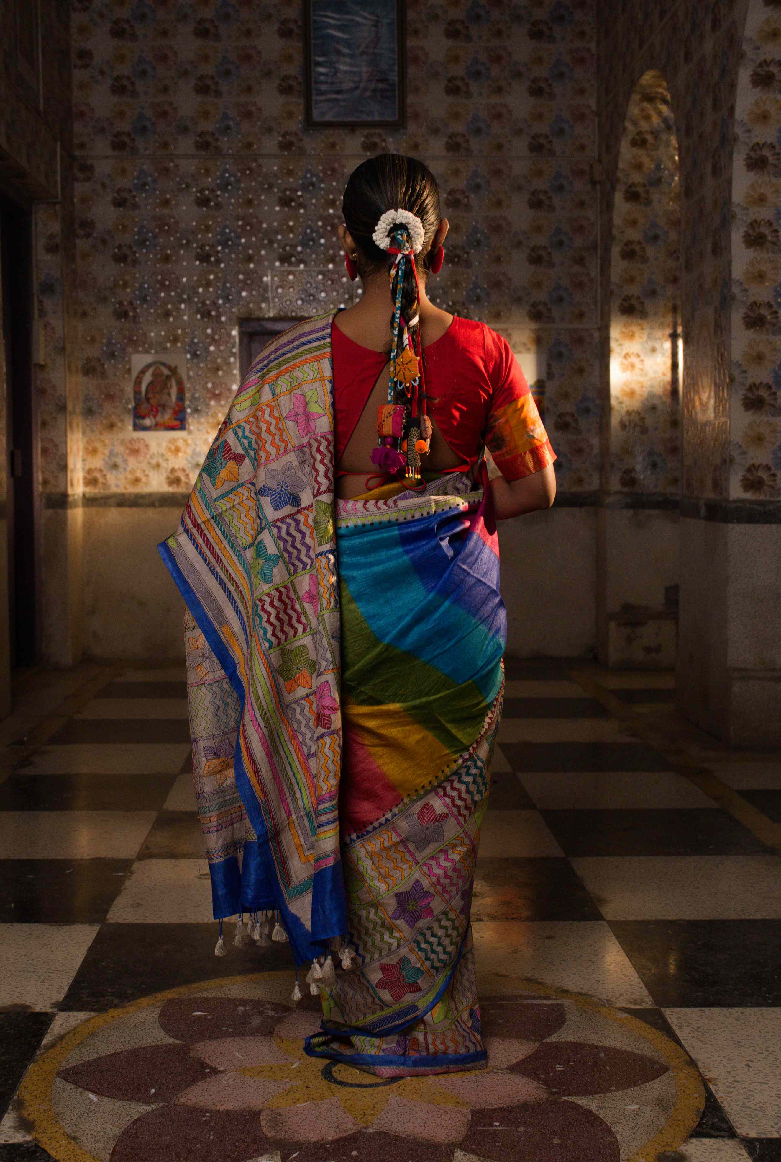 Handwoven Multicolor Tussar Saree With Kantha Work