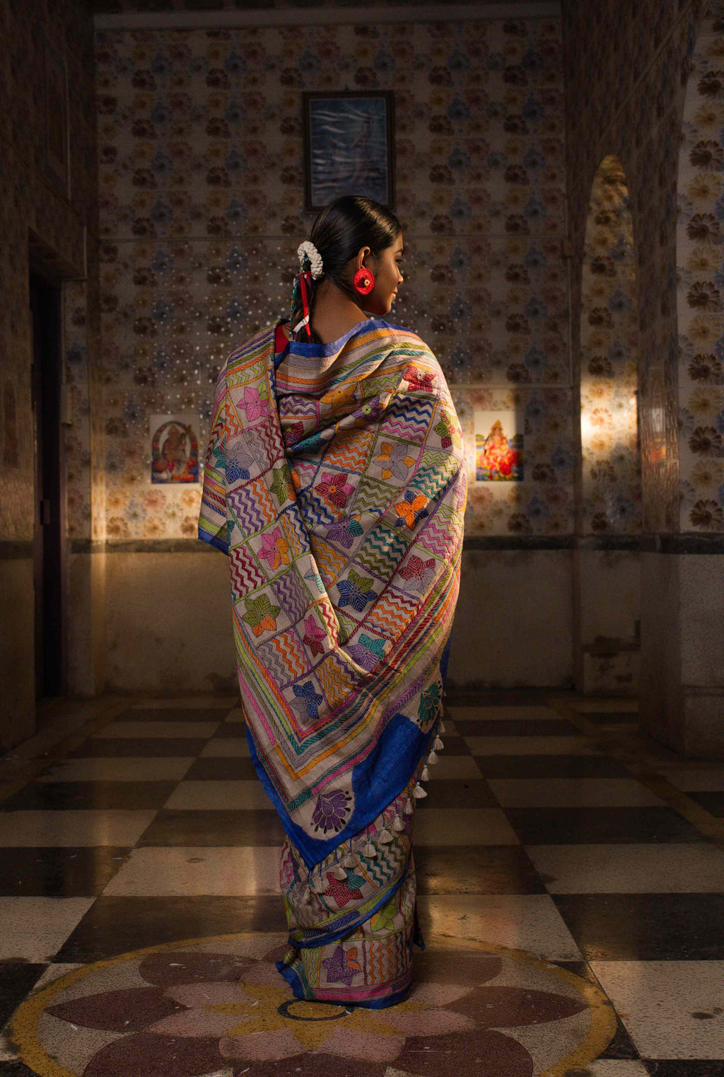 Handwoven Multicolor Tussar Saree With Kantha Work