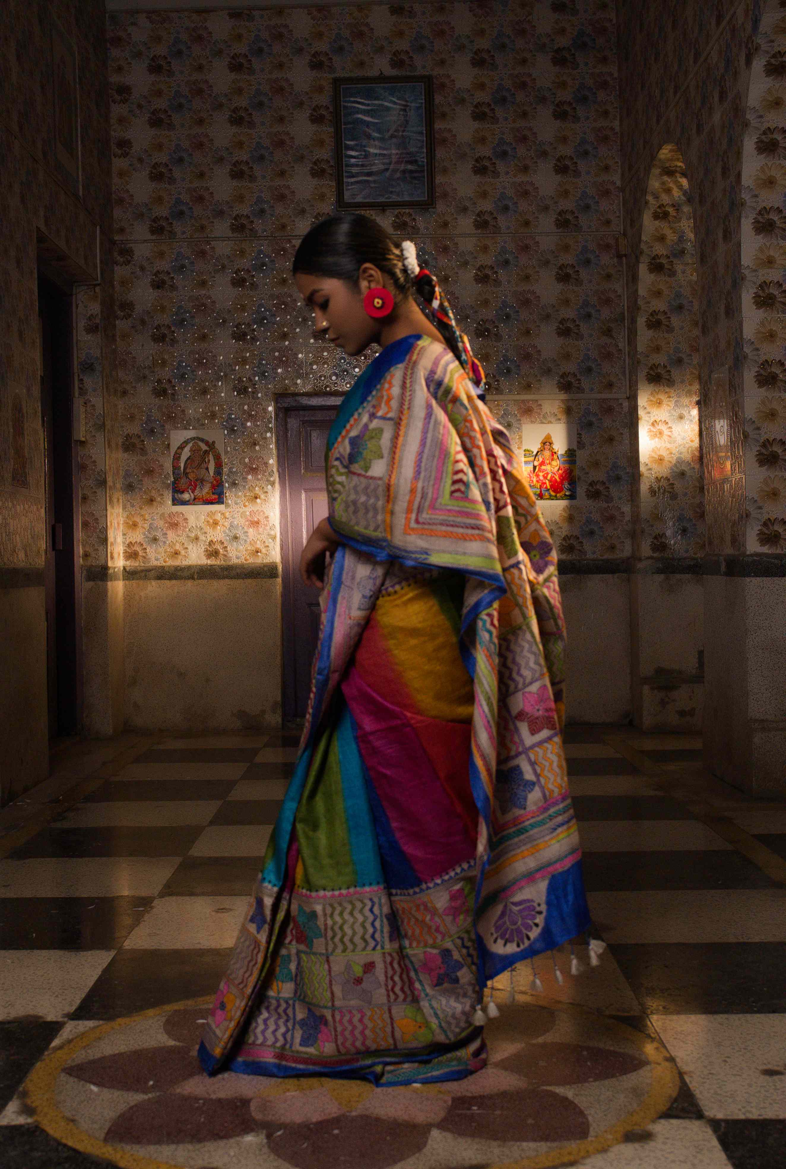 Handwoven Multicolor Tussar Saree With Kantha Work