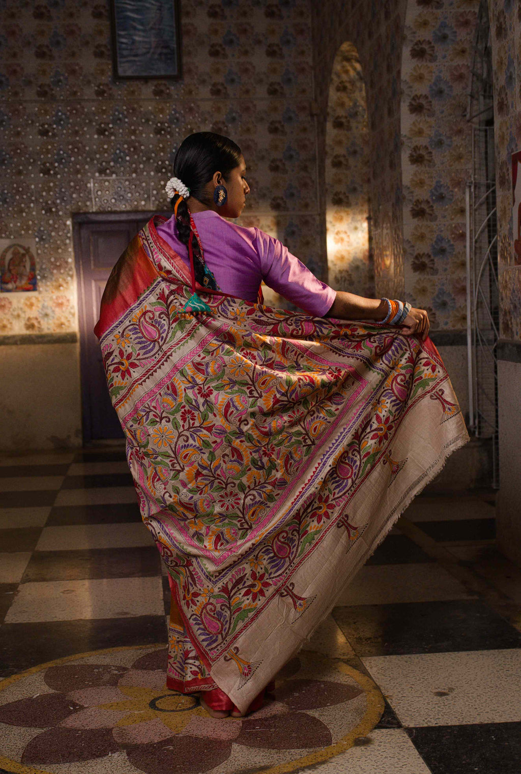 Handwoven Tussar Saree With Kantha Work