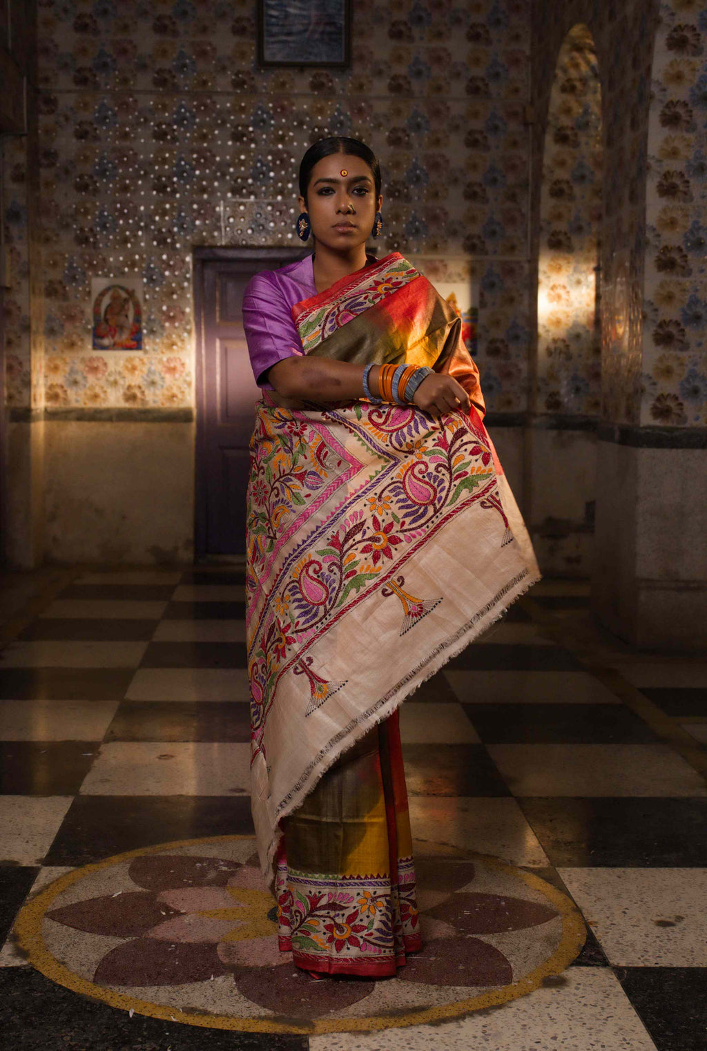 Handwoven Tussar Saree With Kantha Work