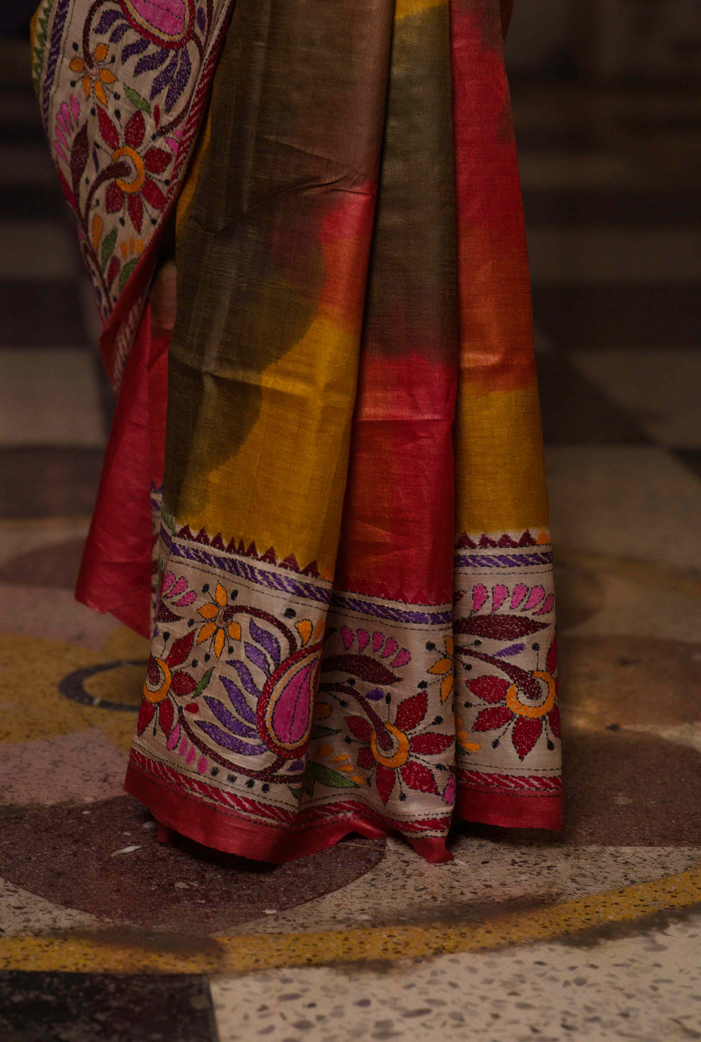 Handwoven Tussar Saree With Kantha Work