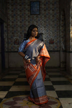 Handwoven Grey Tussar Saree With Kantha work