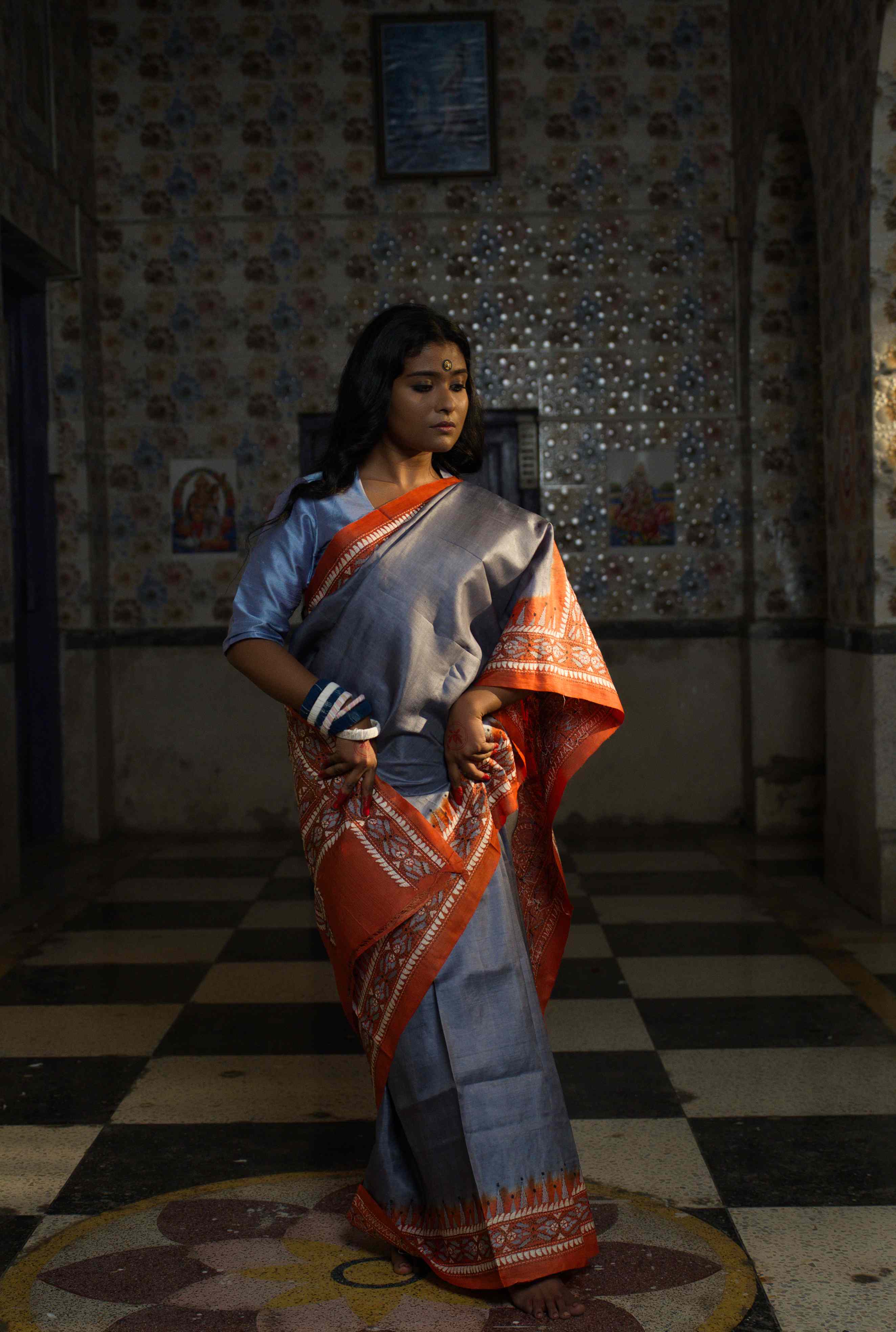 Handwoven Grey Tussar Saree With Kantha work