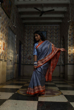 Handwoven Grey Tussar Saree With Kantha work