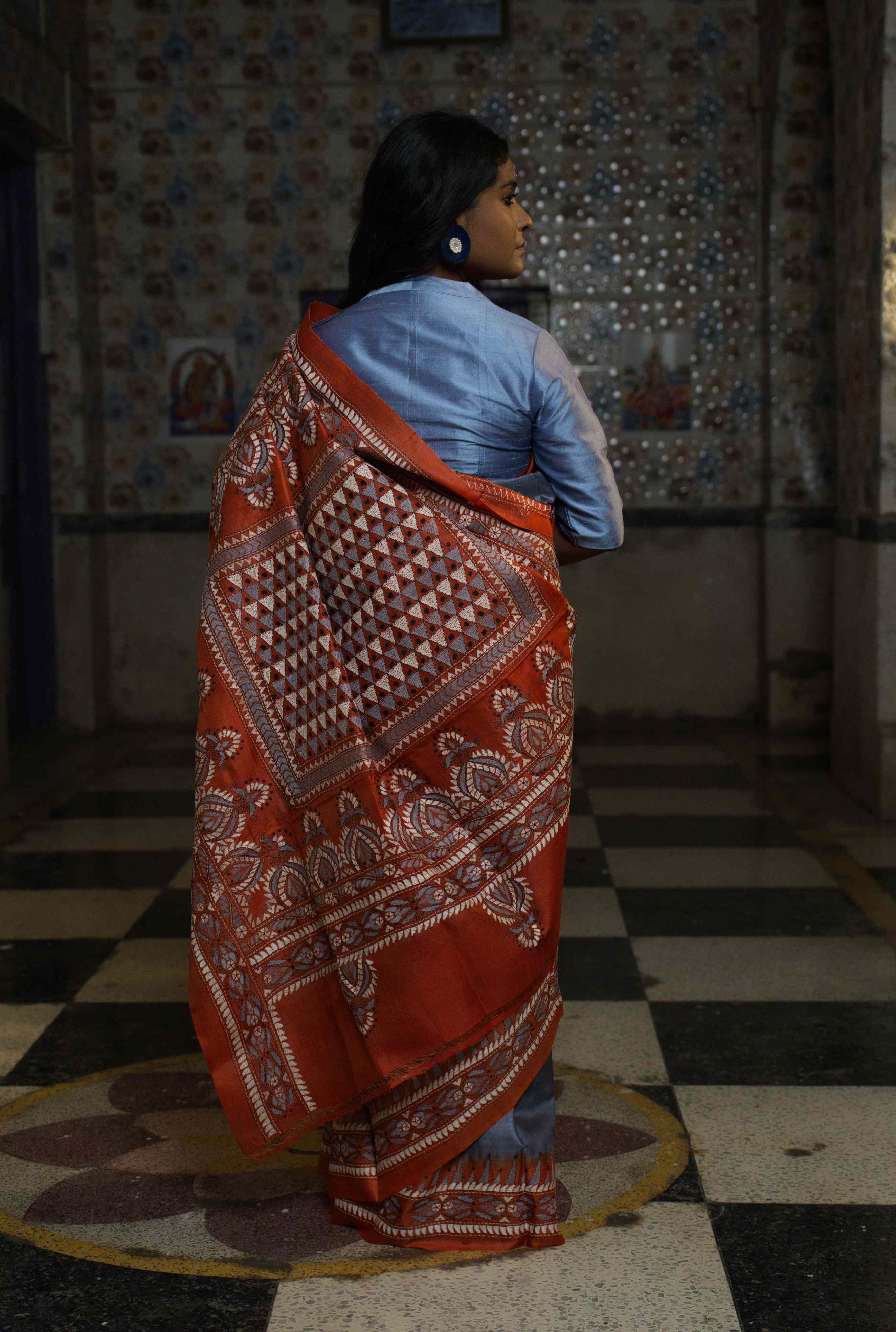 Handwoven Grey Tussar Saree With Kantha work