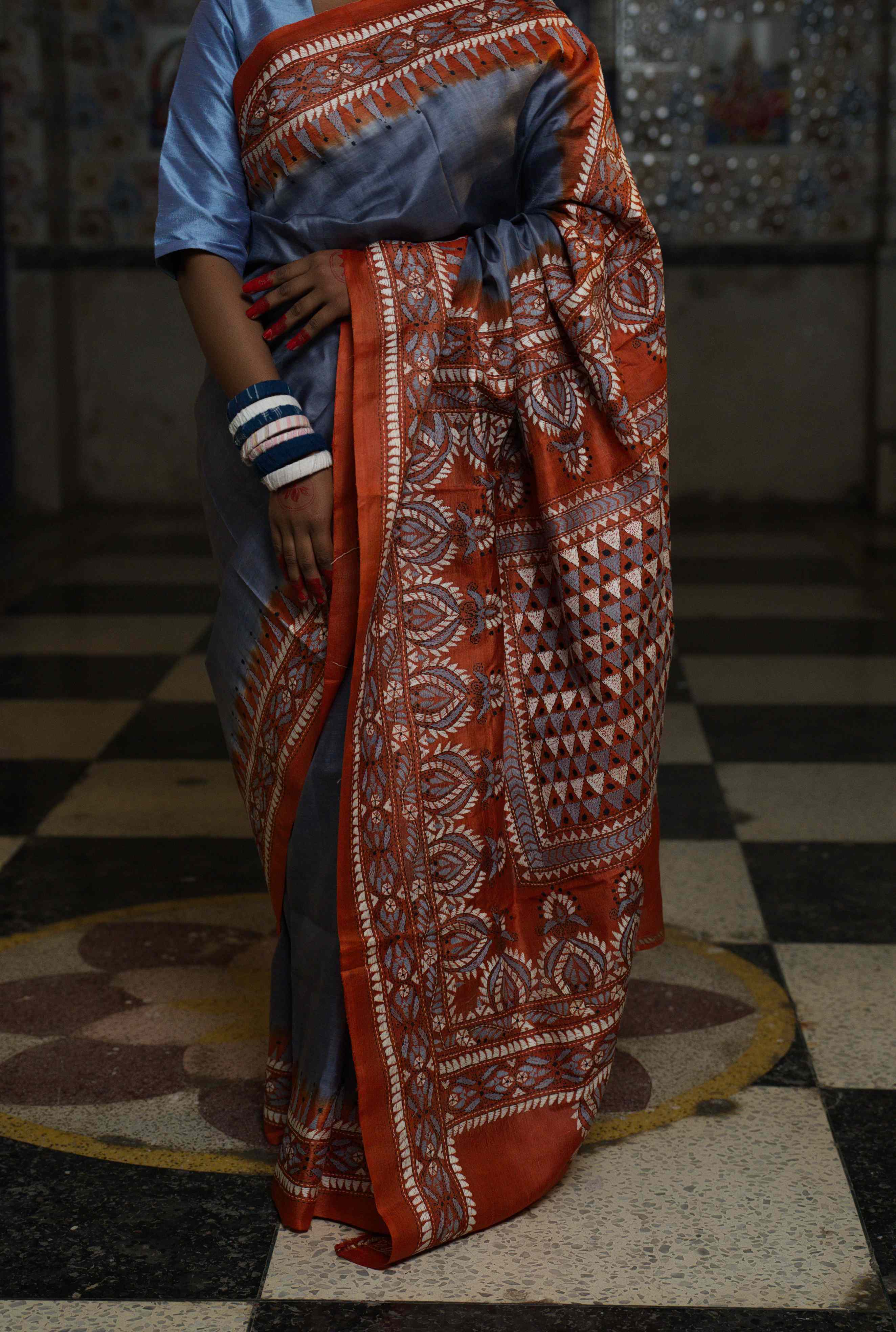 Handwoven Grey Tussar Saree With Kantha work