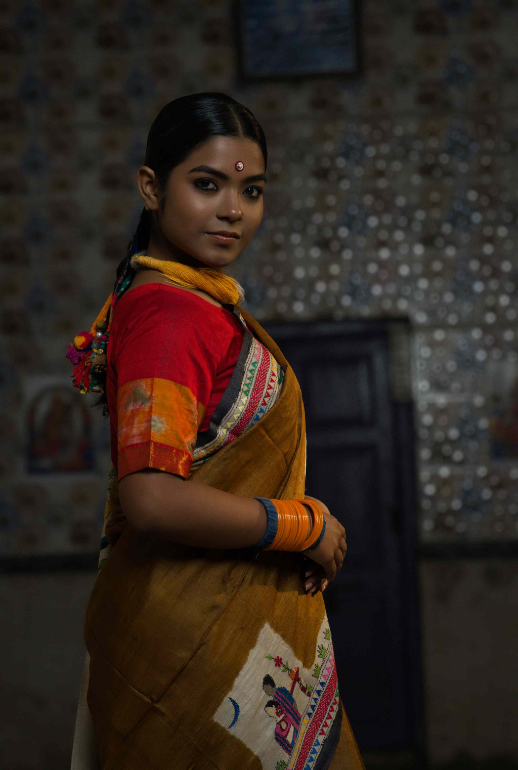 Handwoven Bronze Tussar Saree With Kantha Work