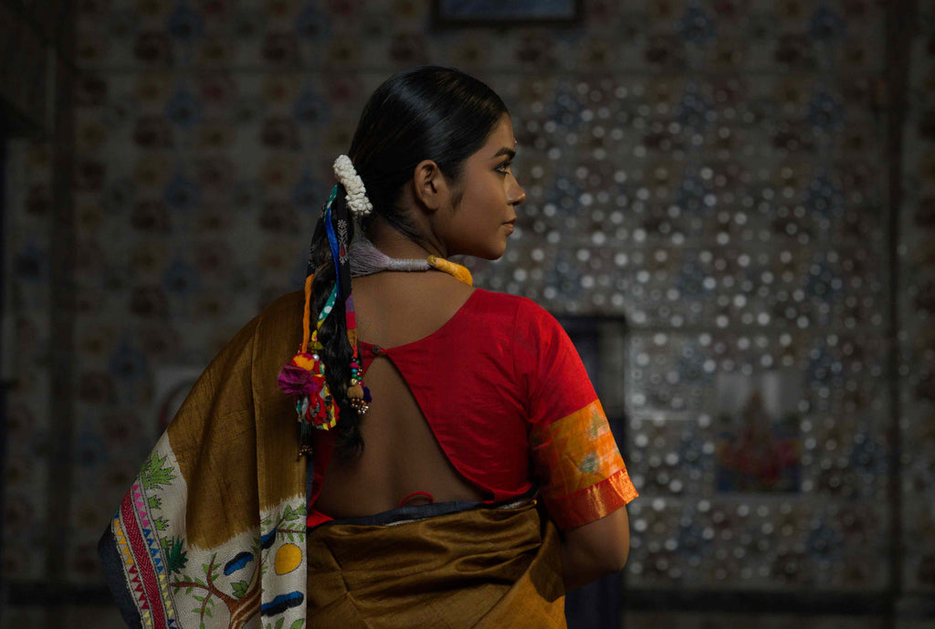 Handwoven Bronze Tussar Saree With Kantha Work