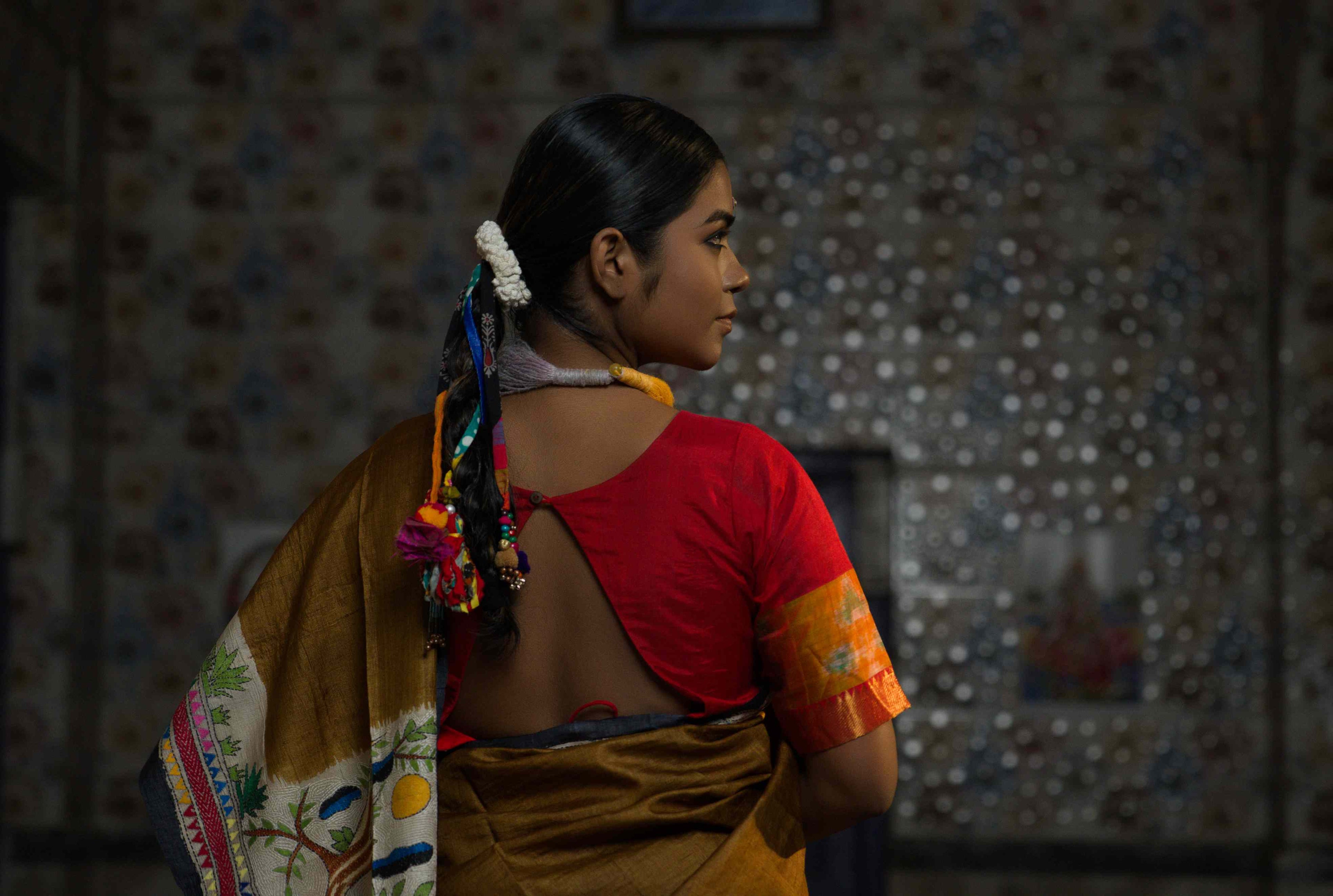 Handwoven Bronze Tussar Saree With Kantha Work