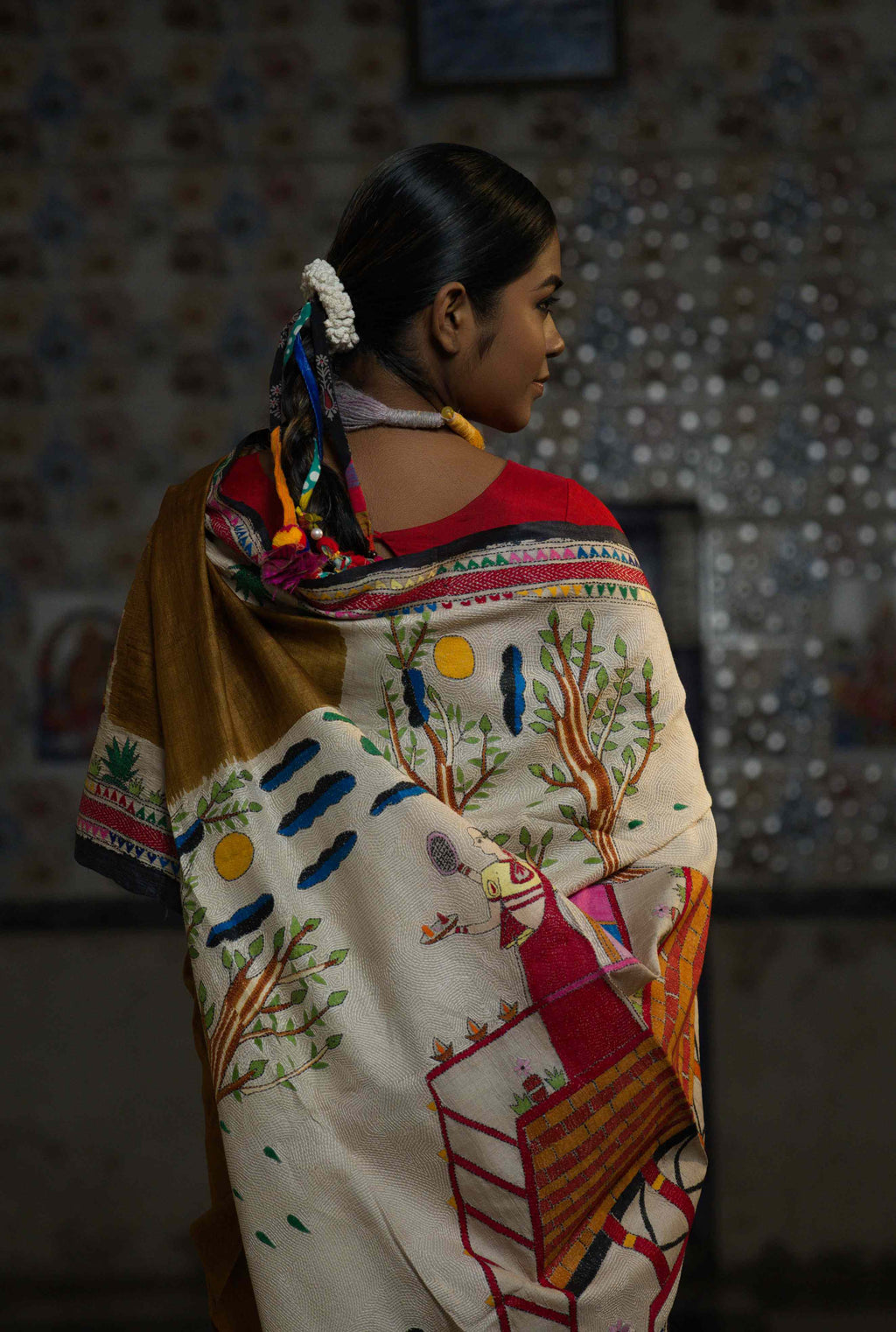 Handwoven Bronze Tussar Saree With Kantha Work