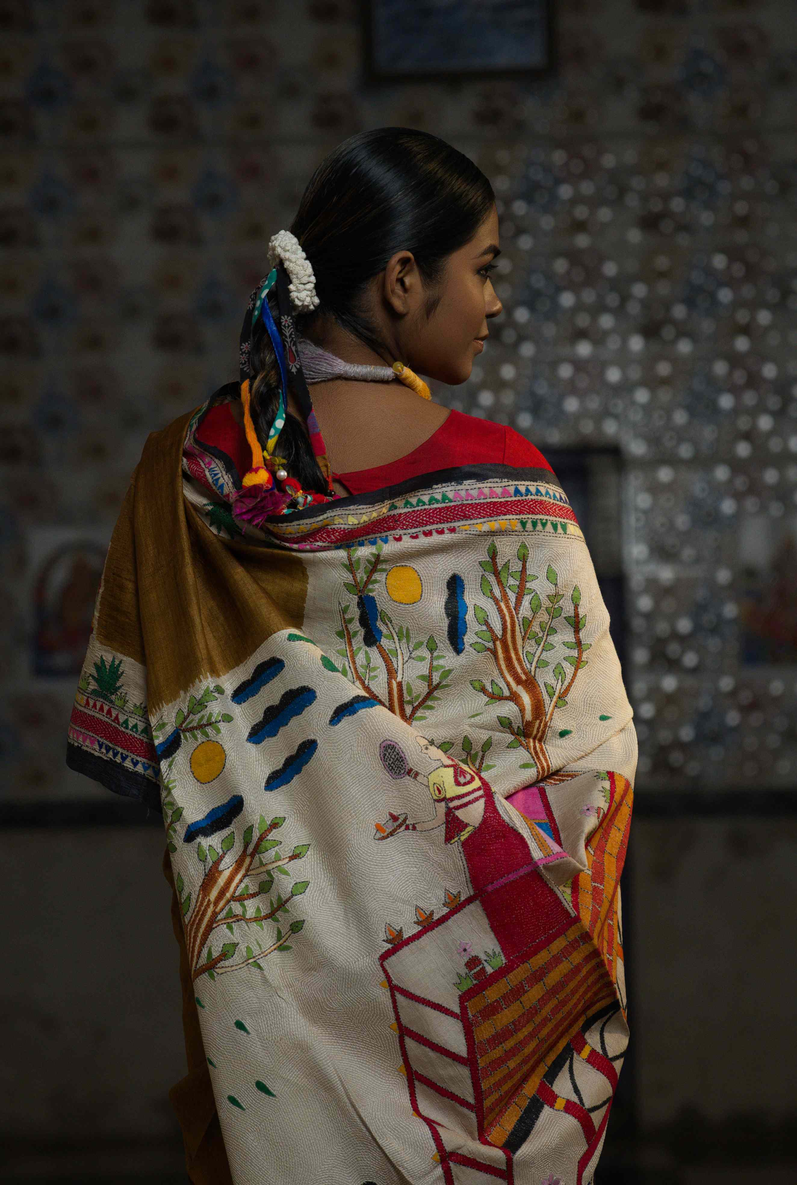 Handwoven Bronze Tussar Saree With Kantha Work