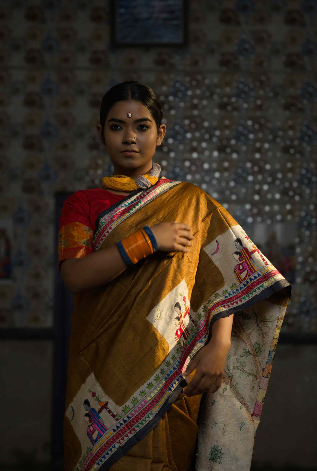 Handwoven bronze Tussar saree with Kantha work