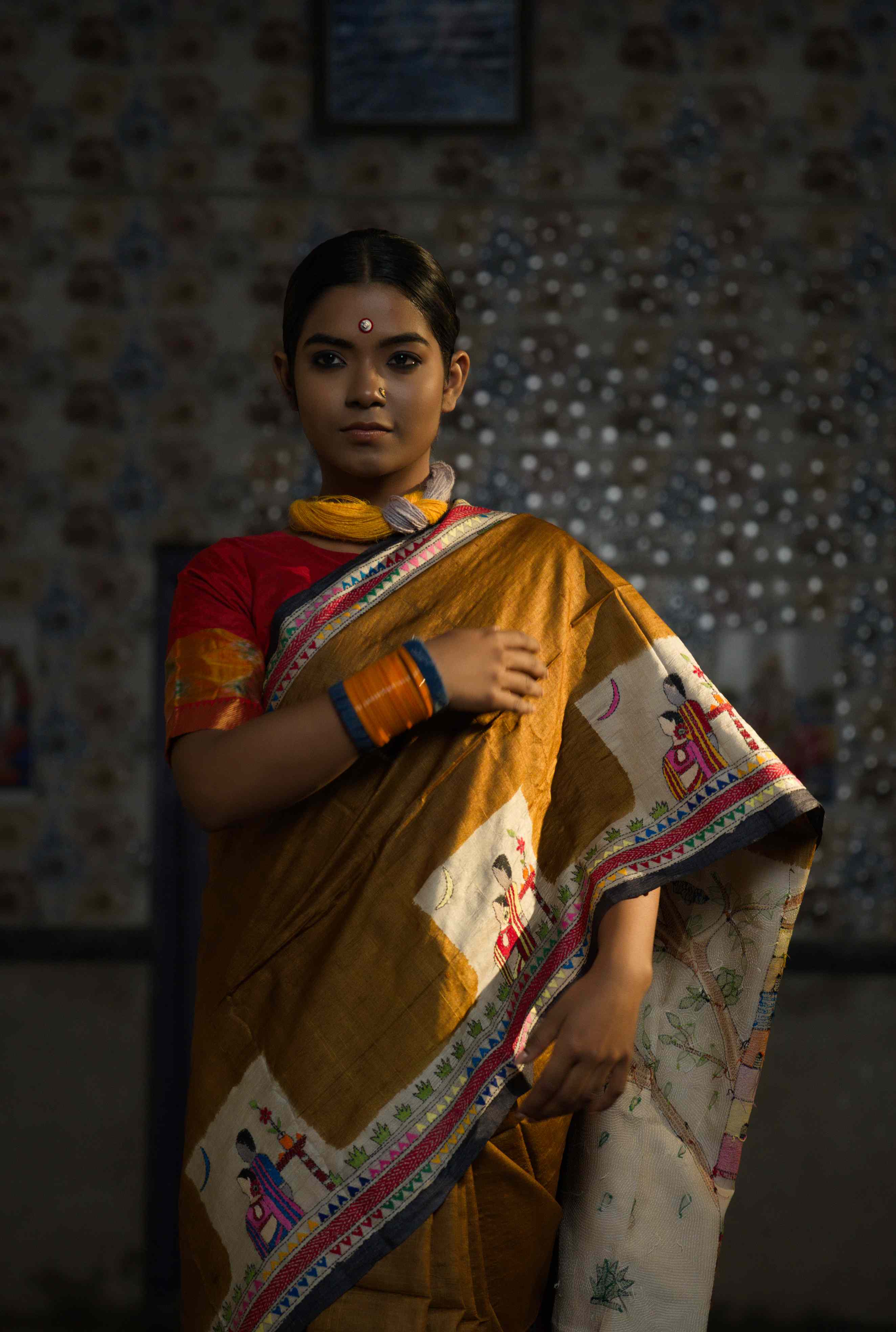 Handwoven bronze Tussar saree with Kantha work