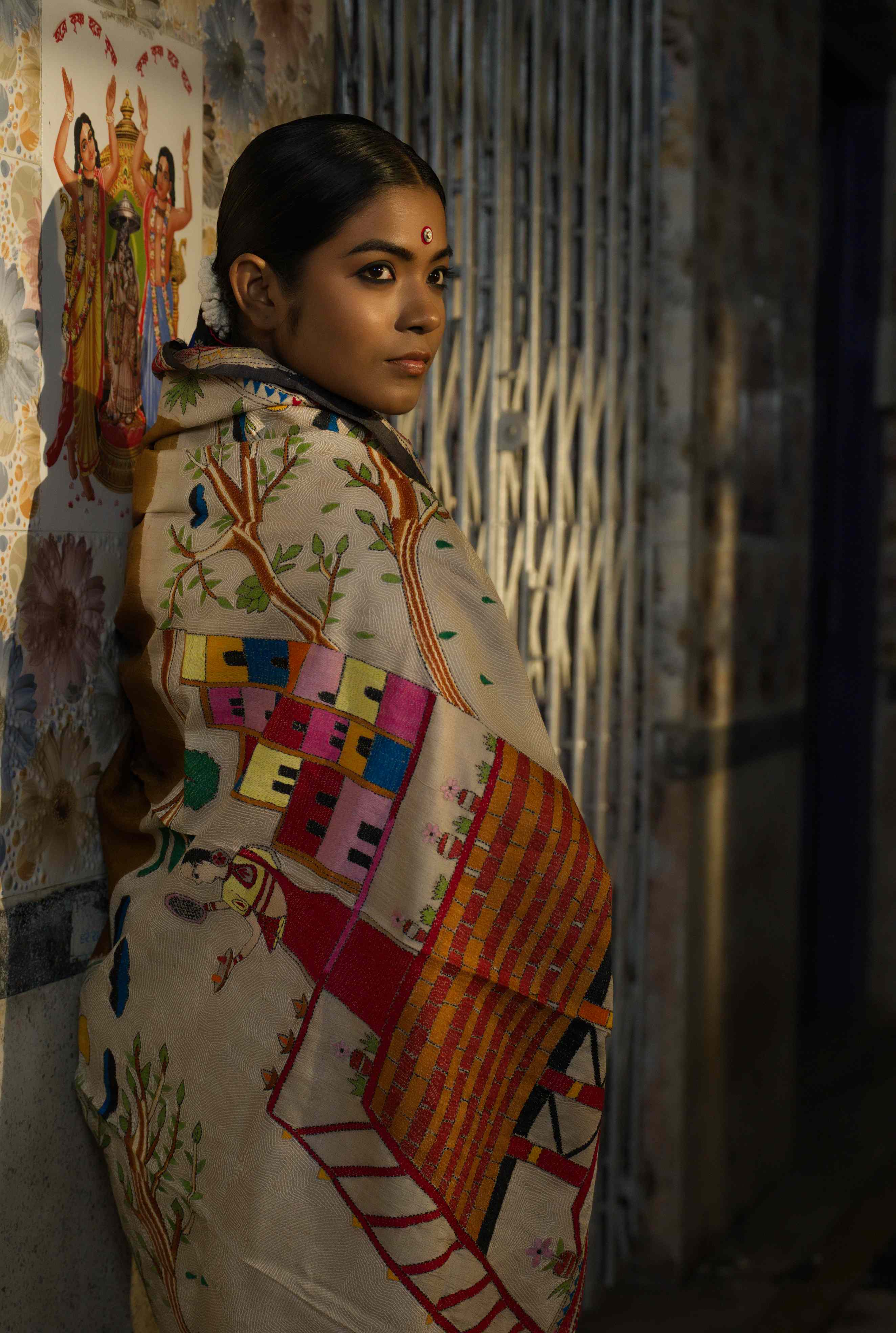 Handwoven Bronze Tussar Saree With Kantha Work