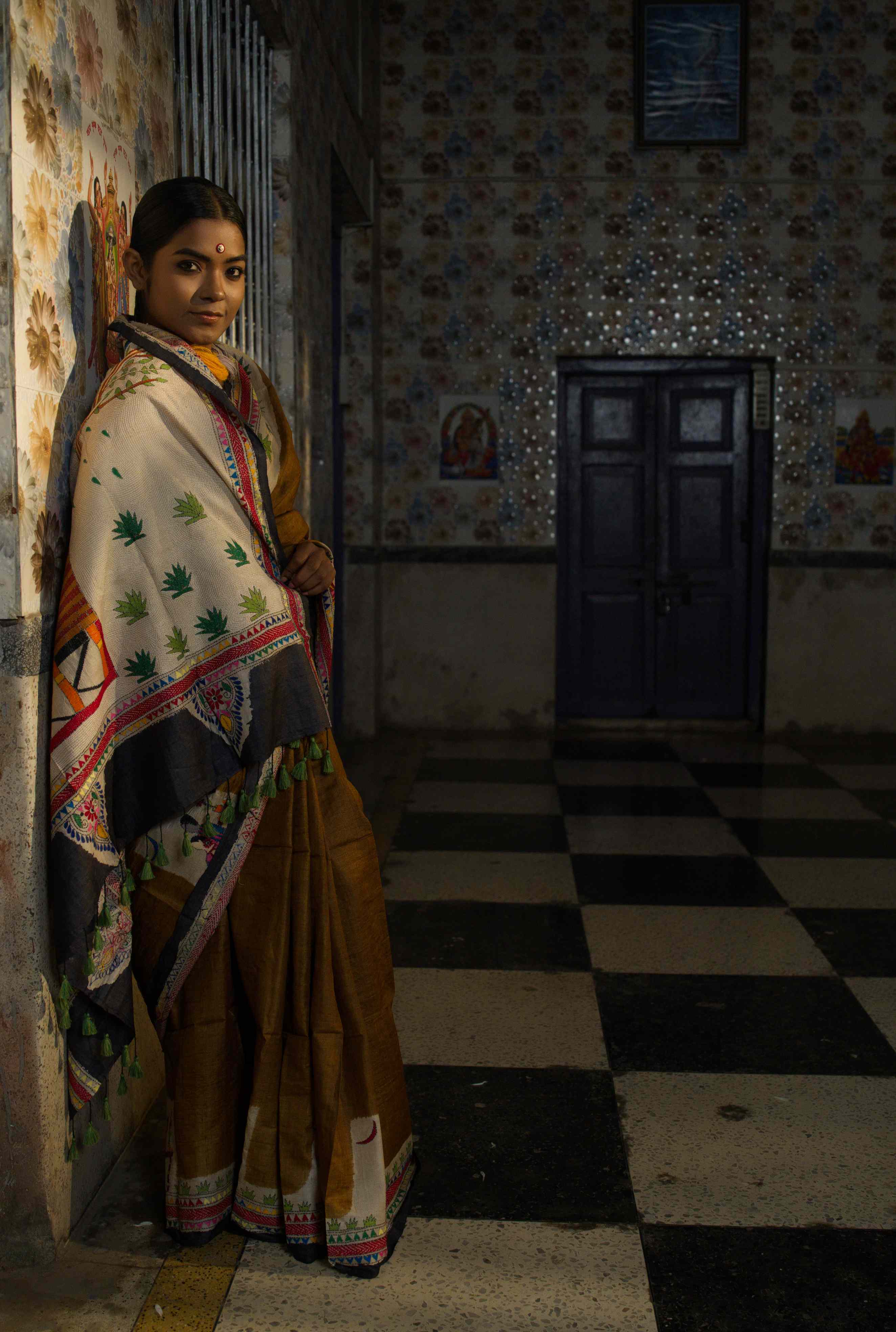 Handwoven Bronze Tussar Saree With Kantha Work