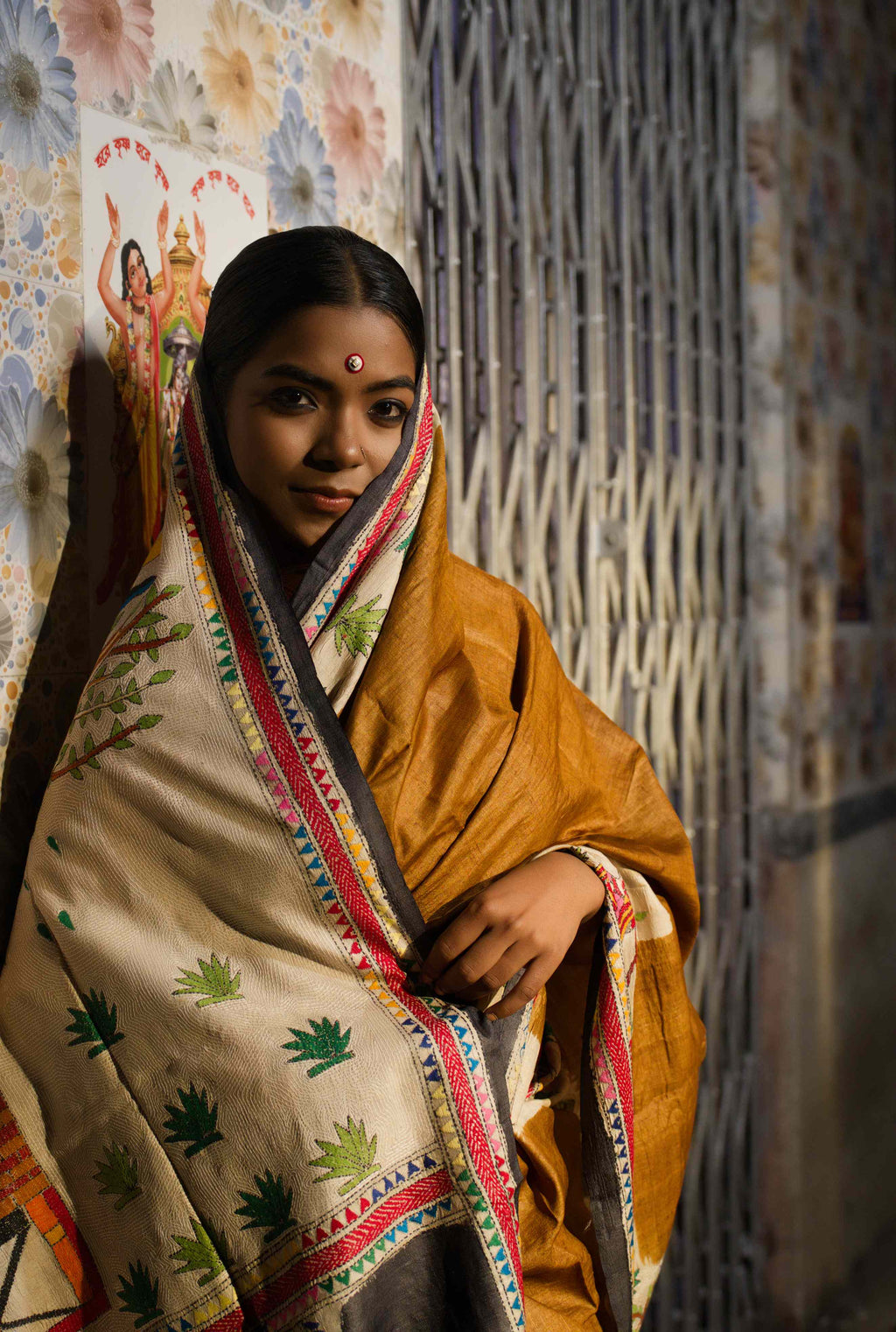 Handwoven Bronze Tussar Saree With Kantha Work