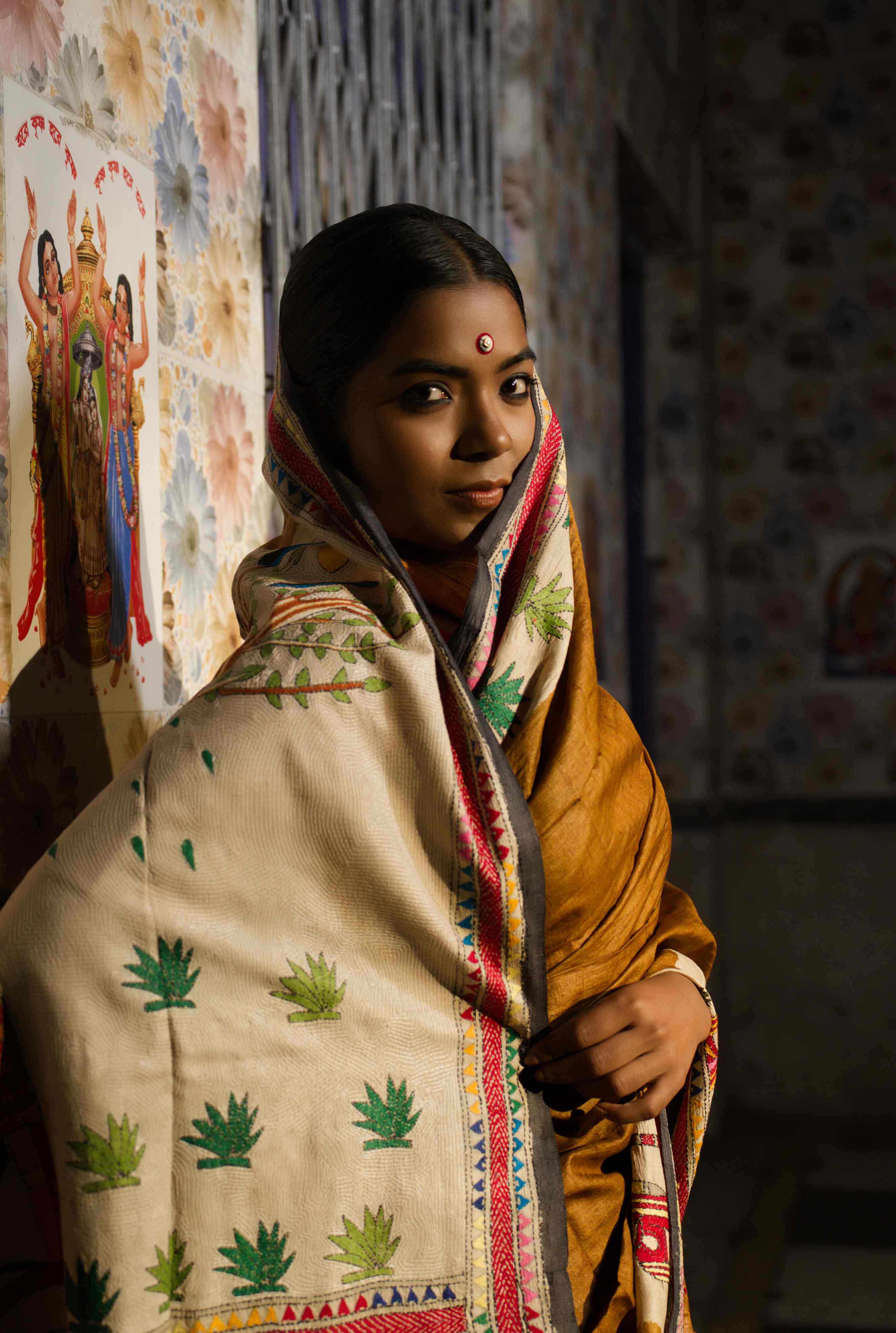 Handwoven Bronze Tussar Saree with Kantha Work