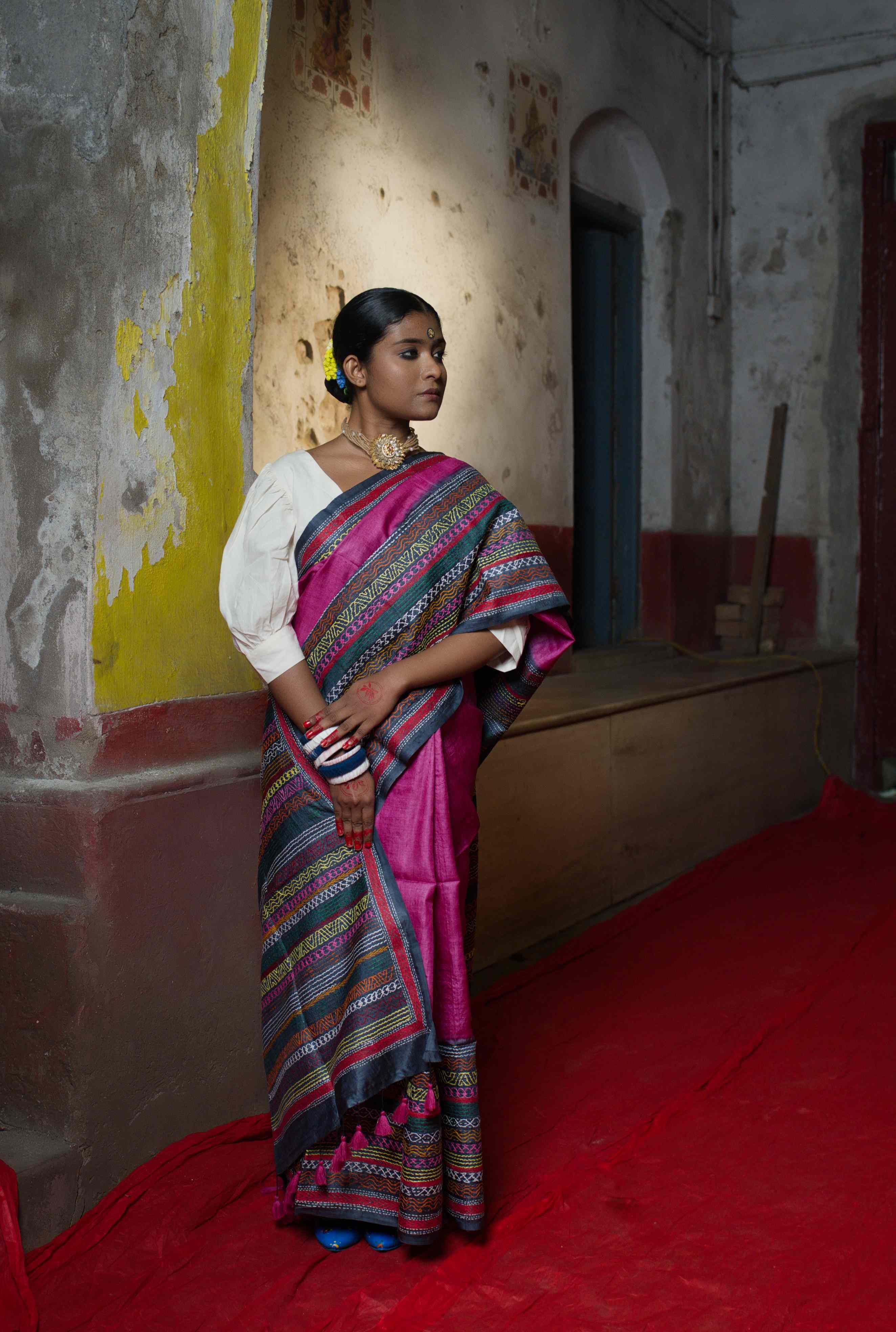 Handwoven Pink Tussar Saree With Kantha Work