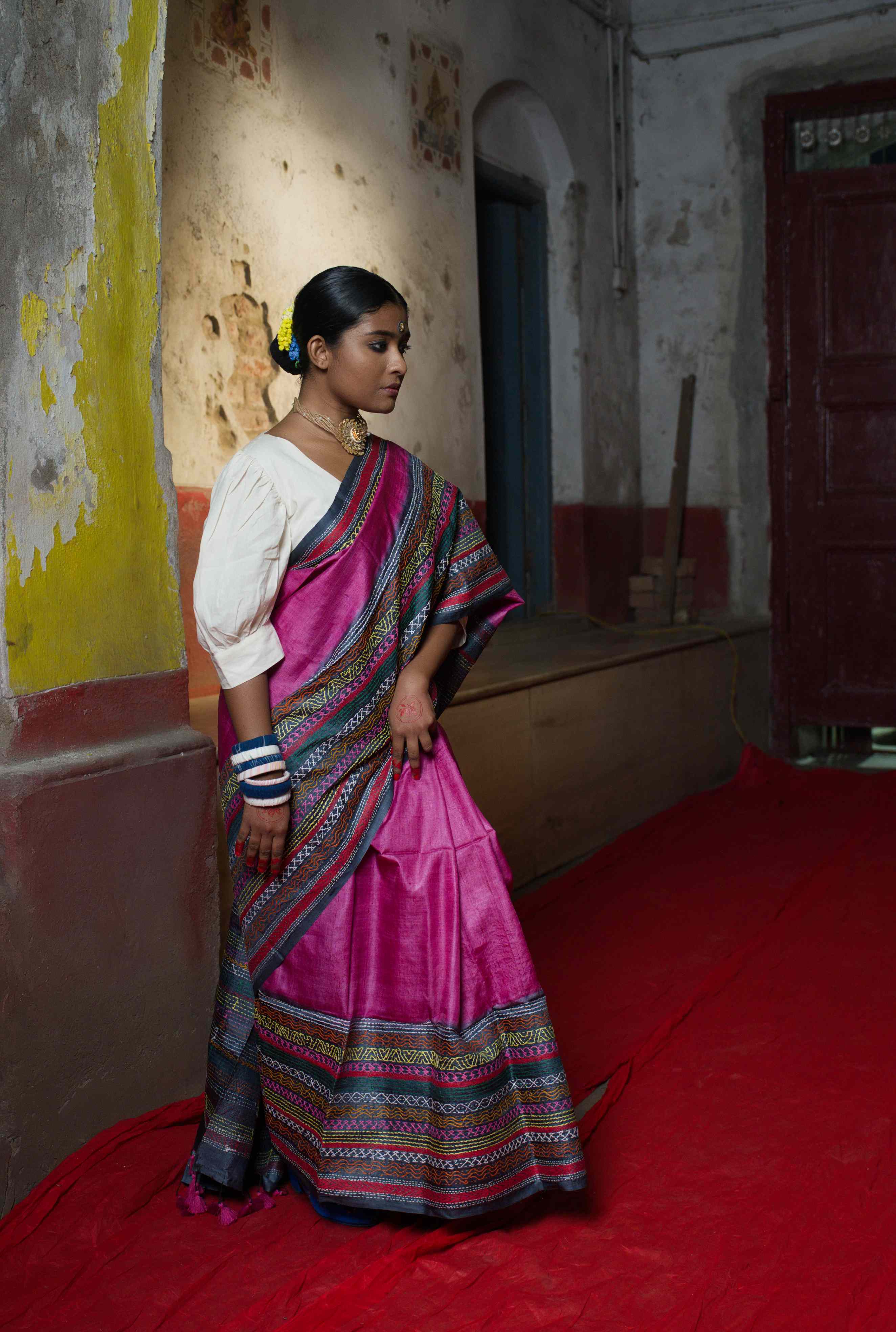 Handwoven Pink Tussar Saree With Kantha Work