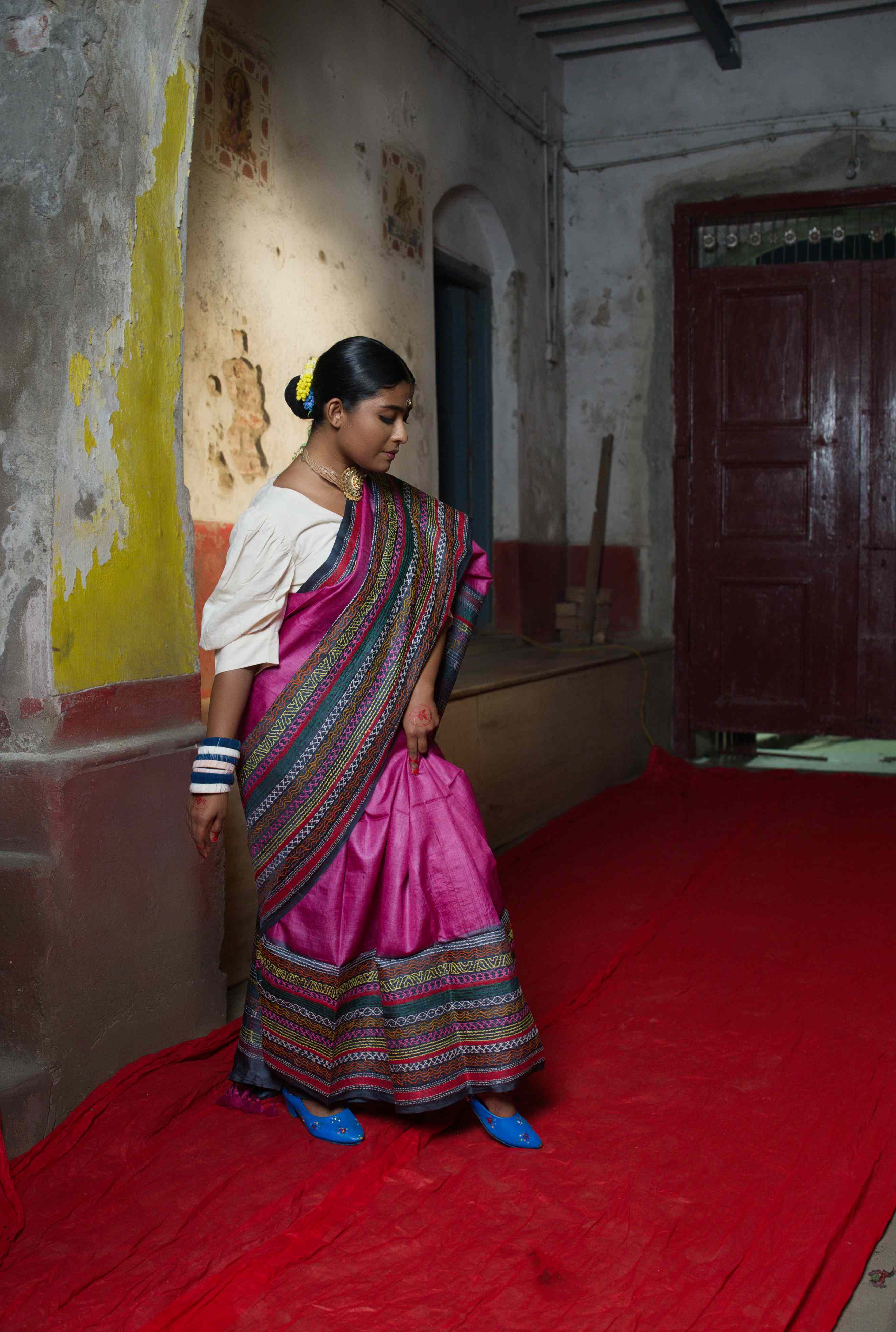 Handwoven Pink Tussar Saree With Kantha Work